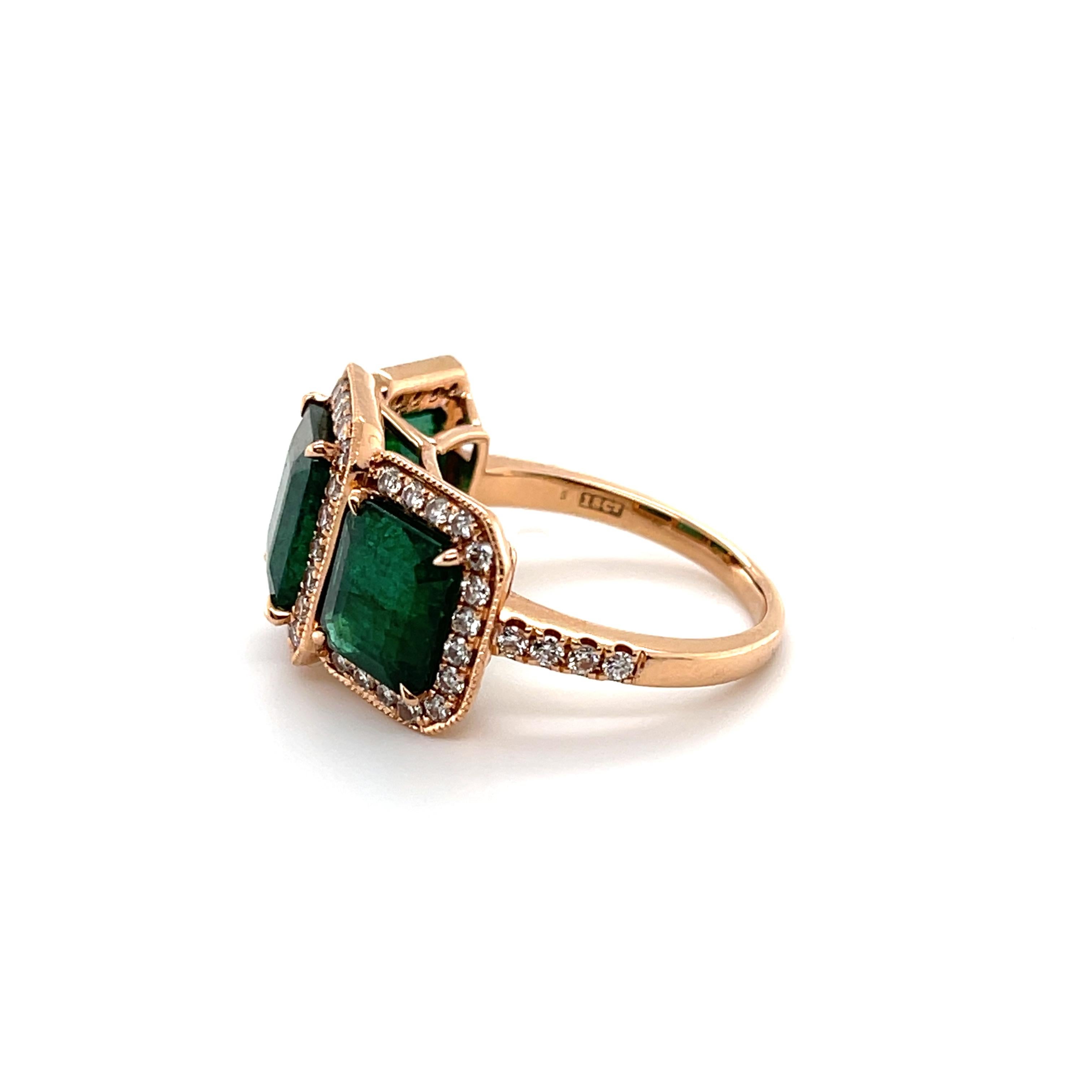 For Sale:  18ct Rose Gold Trilogy Emerald and Diamond Ring 2