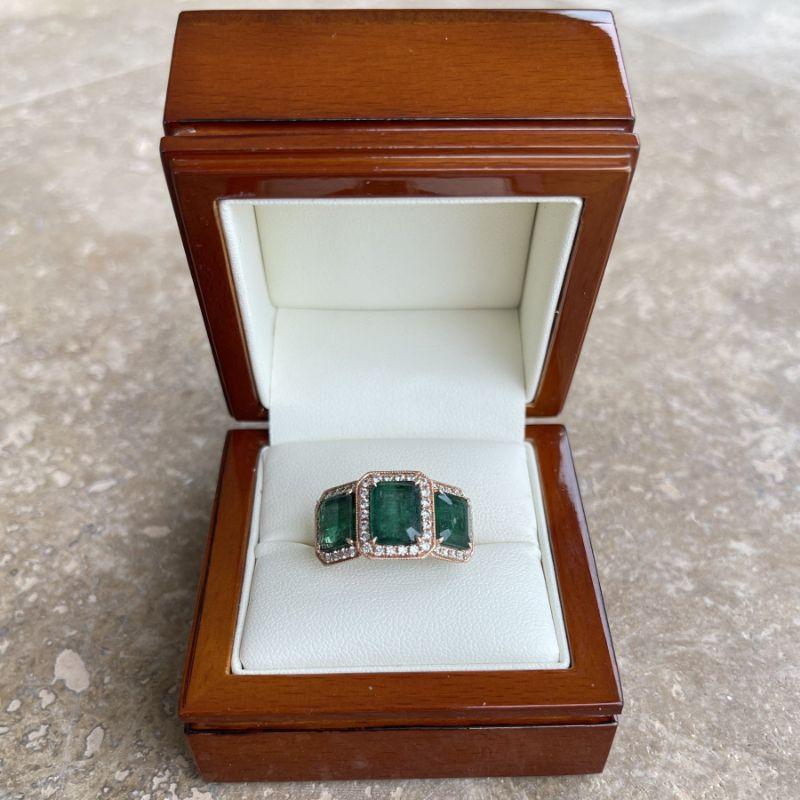 For Sale:  18ct Rose Gold Trilogy Emerald and Diamond Ring 8