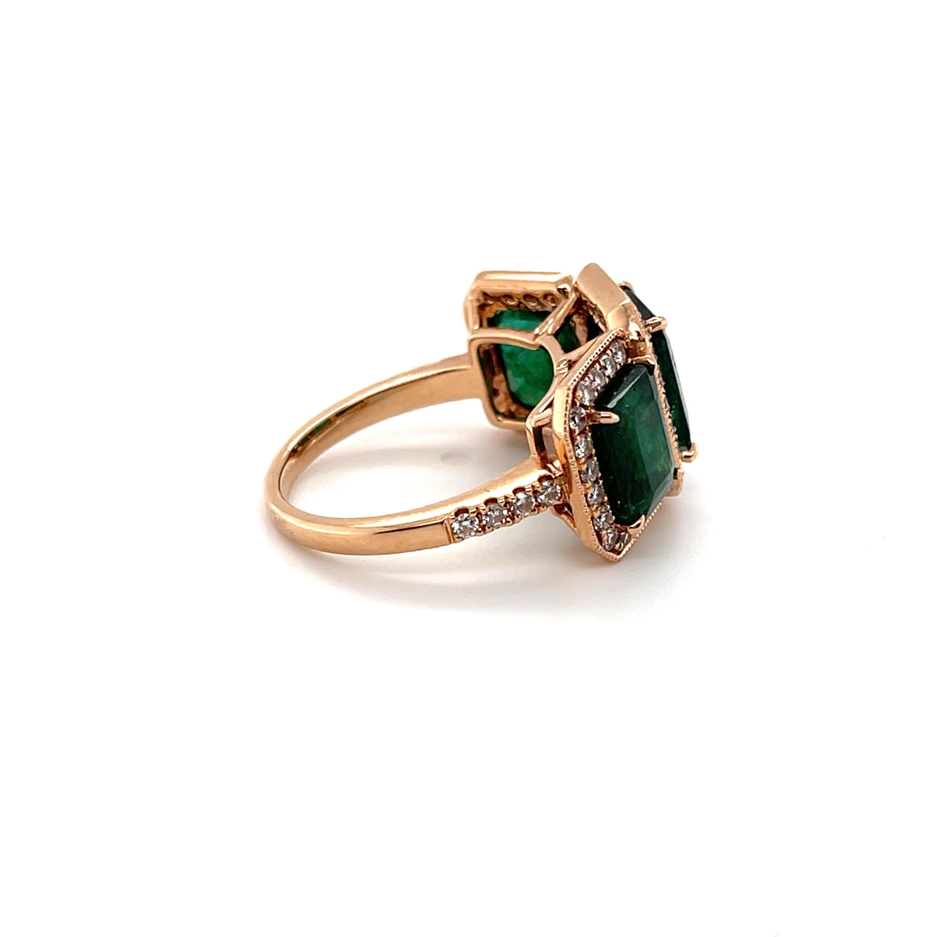 For Sale:  18ct Rose Gold Trilogy Emerald and Diamond Ring 3