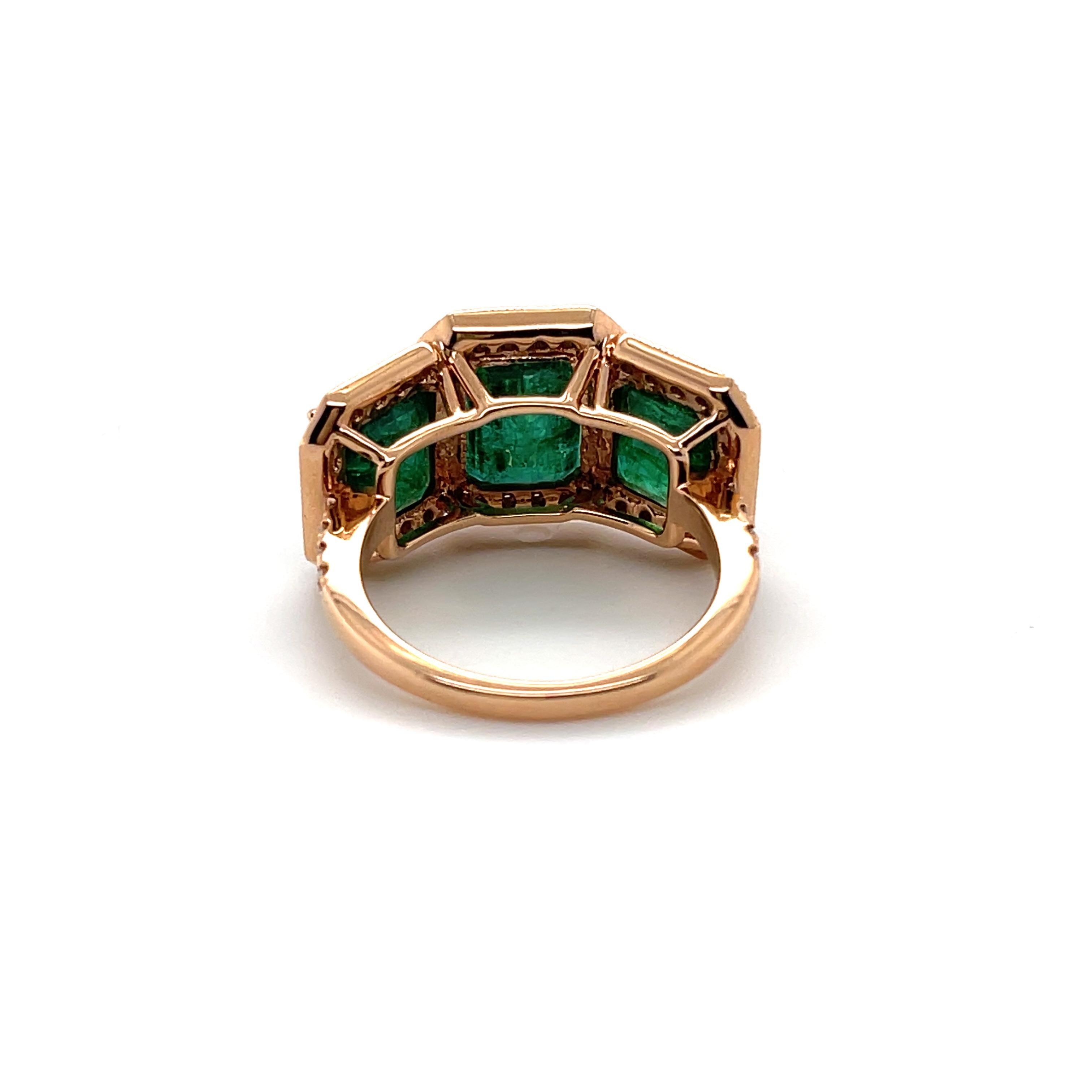 For Sale:  18ct Rose Gold Trilogy Emerald and Diamond Ring 4