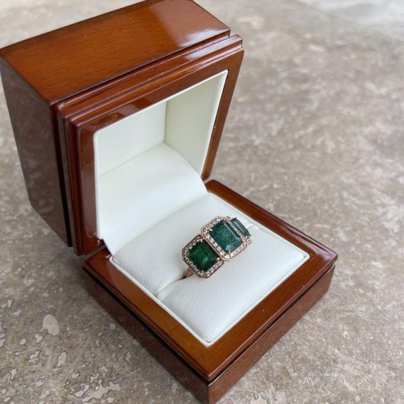 For Sale:  18ct Rose Gold Trilogy Emerald and Diamond Ring 10