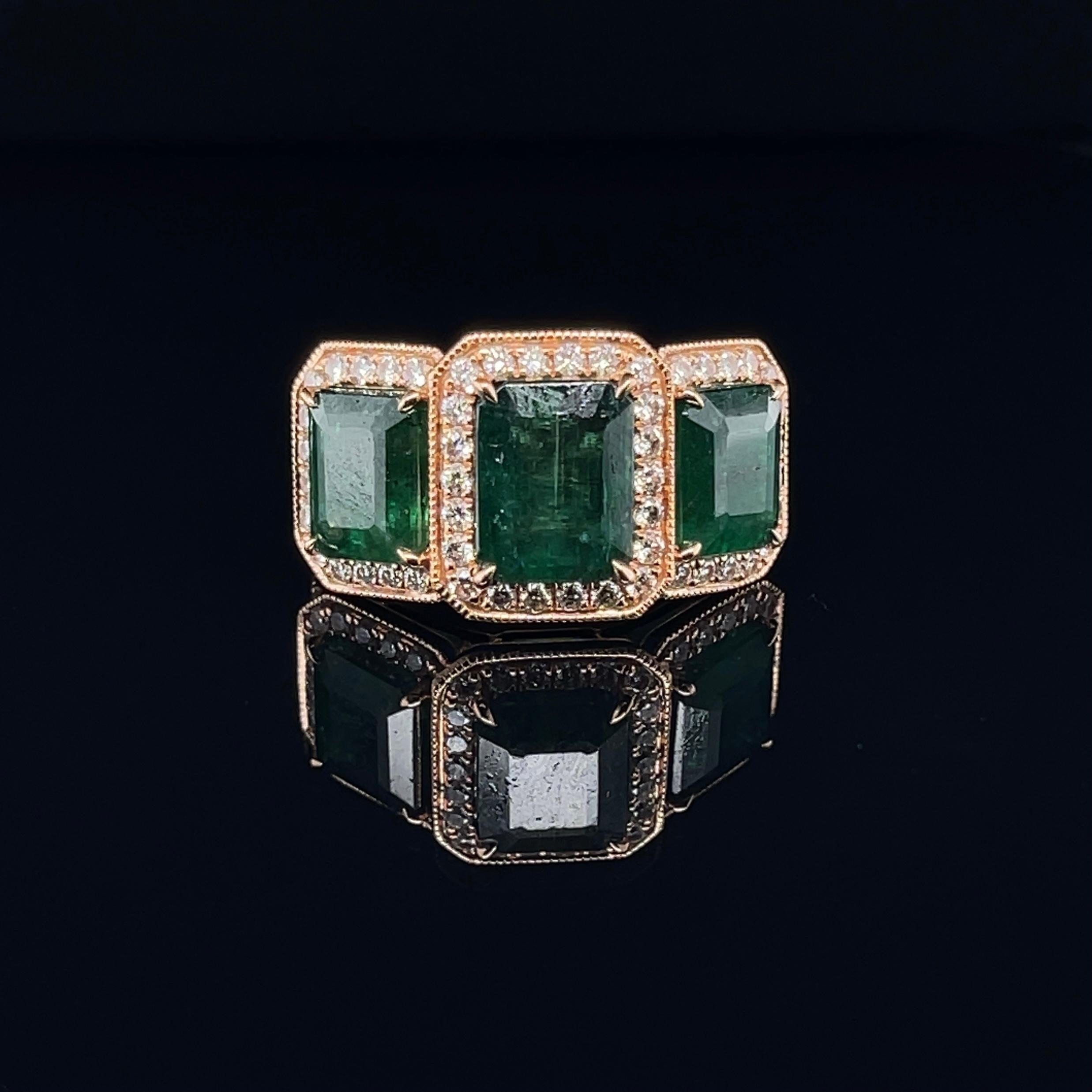 For Sale:  18ct Rose Gold Trilogy Emerald and Diamond Ring 7