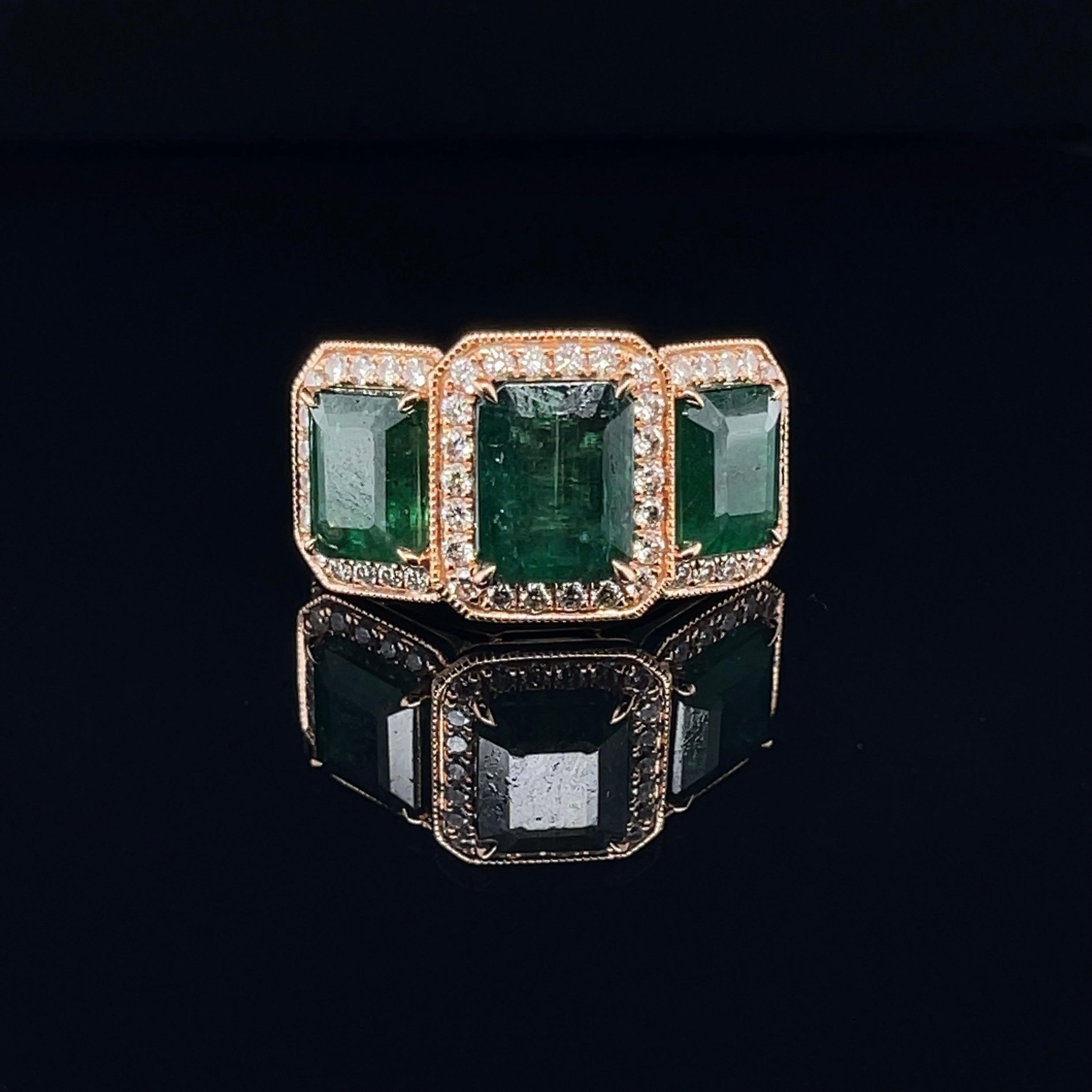 For Sale:  18ct Rose Gold Trilogy Emerald and Diamond Ring 6