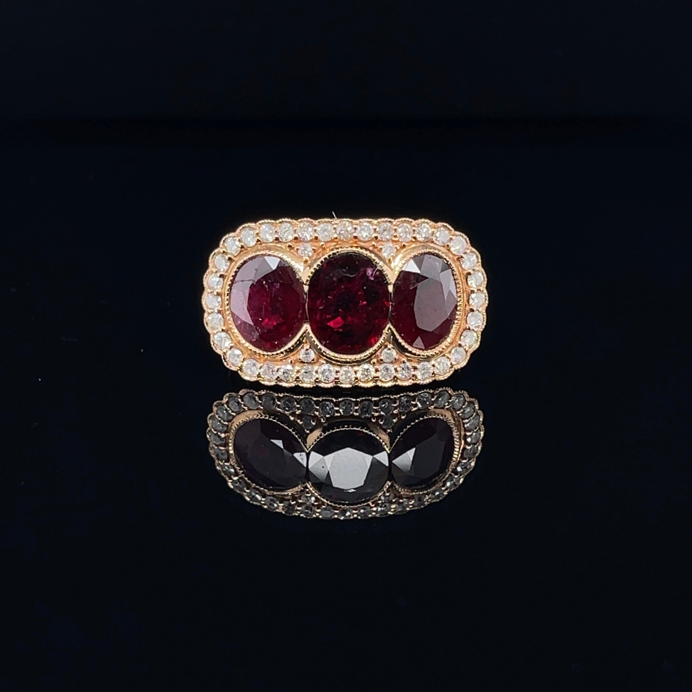 For Sale:  18ct Rose Gold Trilogy Ruby and Diamond Ring 6