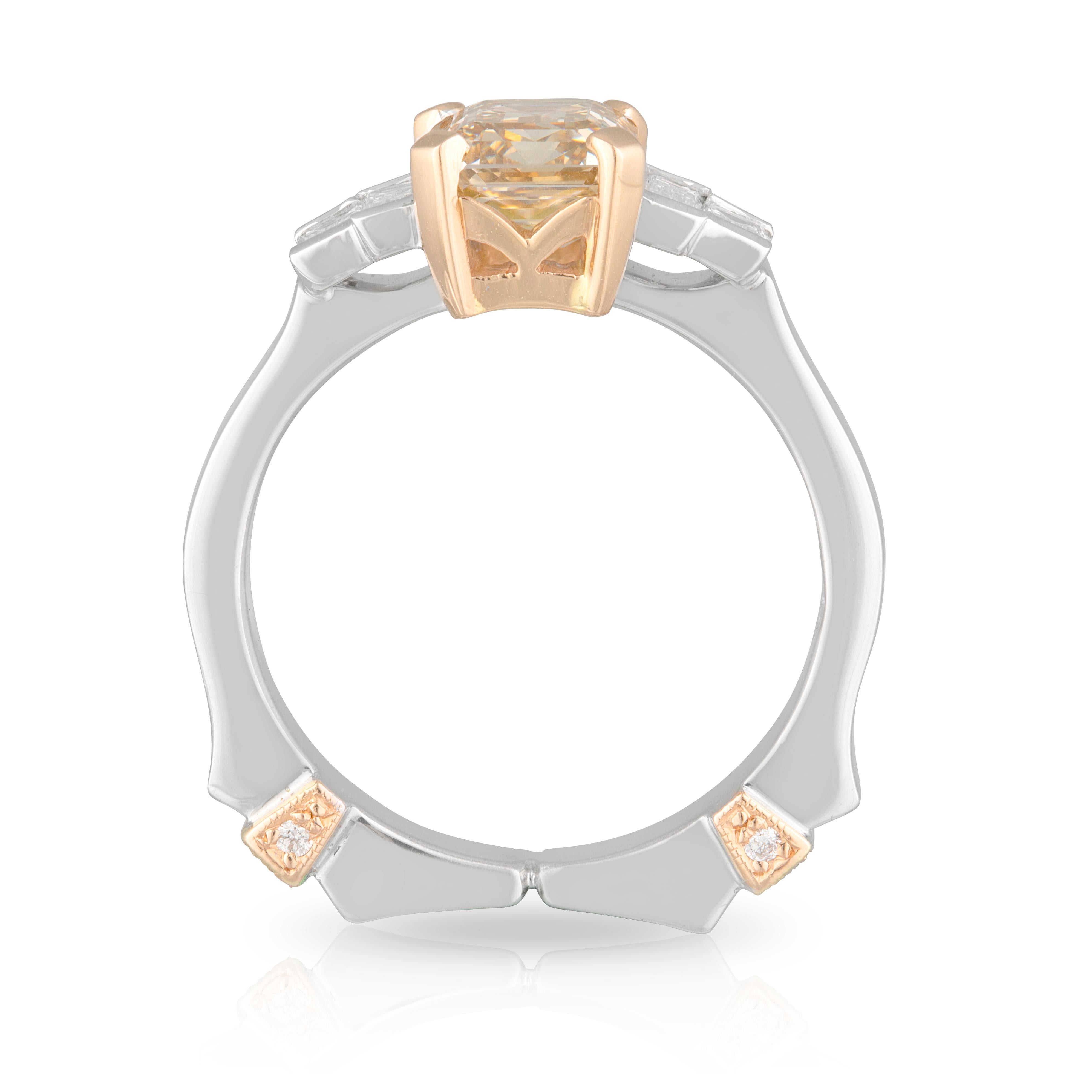 Art Deco 18ct Rose & White Gold 2.41ct Emerald Cut Cognac Diamond & Diamond Shoulder Ring For Sale