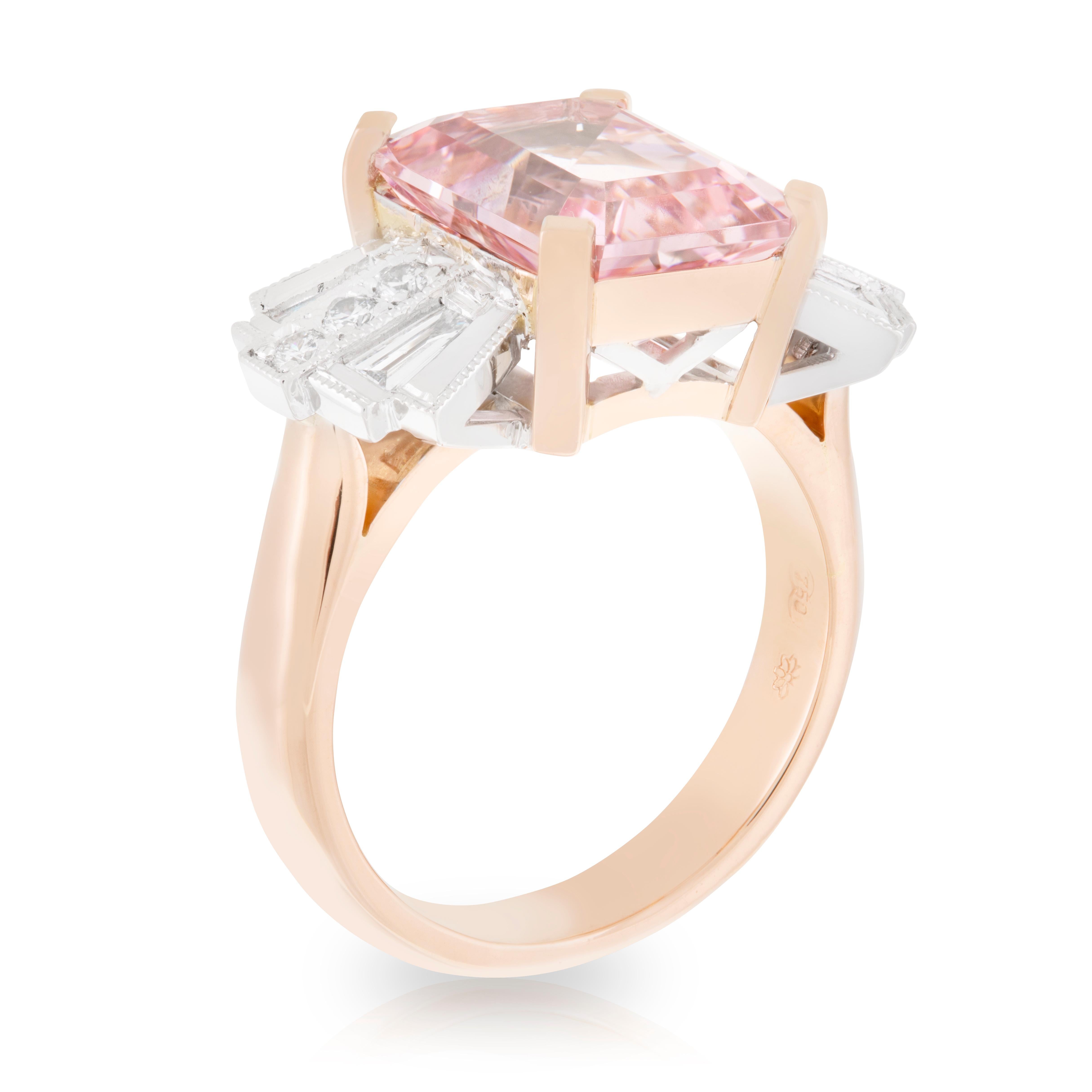 Handmade 18ct Rose and White Gold 5.05ct Emerald cut Morganite and Art Deco Diamond Bow style Ring. TDW 0.38ct
