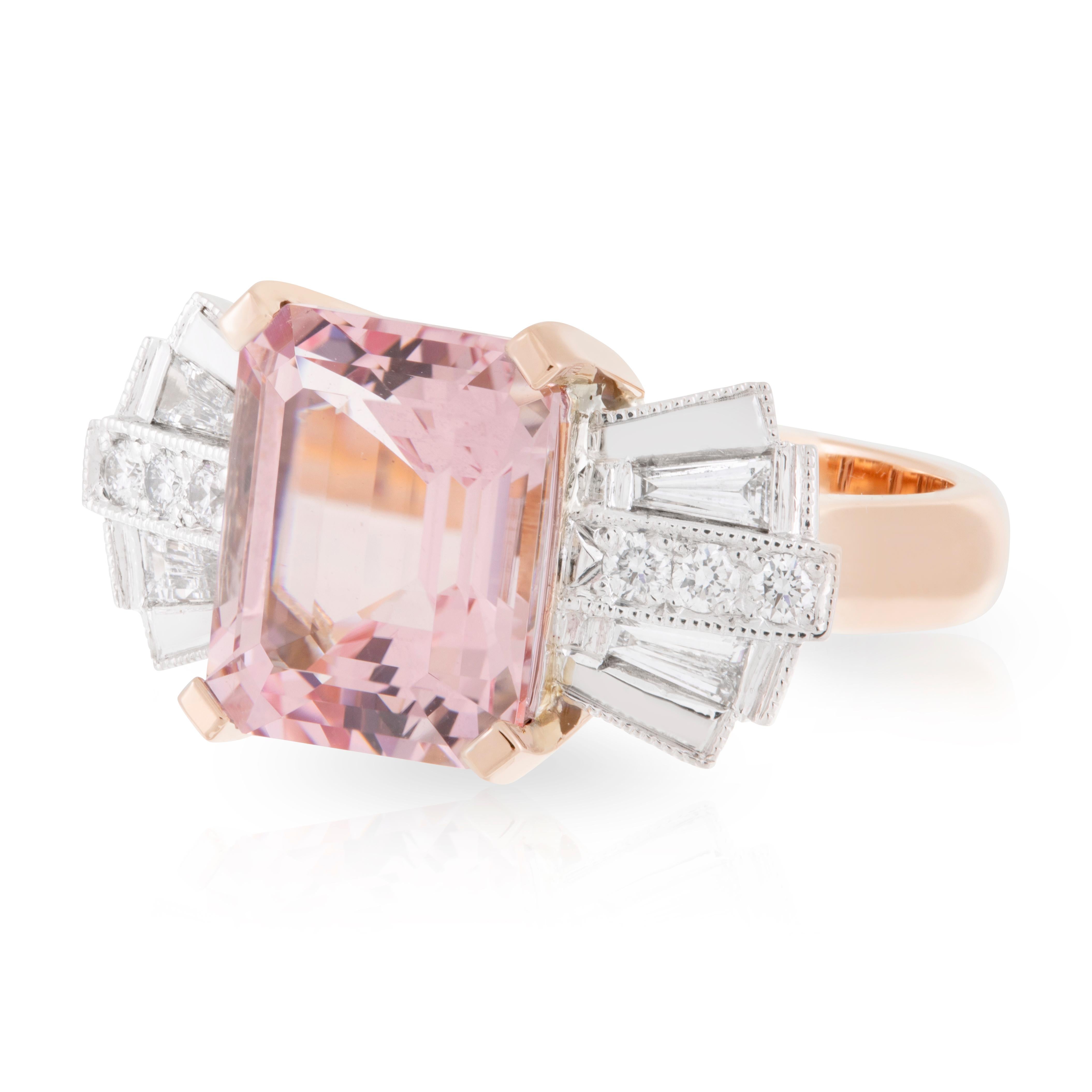 Emerald Cut 18ct Rose/White Gold 5.05ct Morganite and .38ct Diamond Art Deco Bow Ring For Sale
