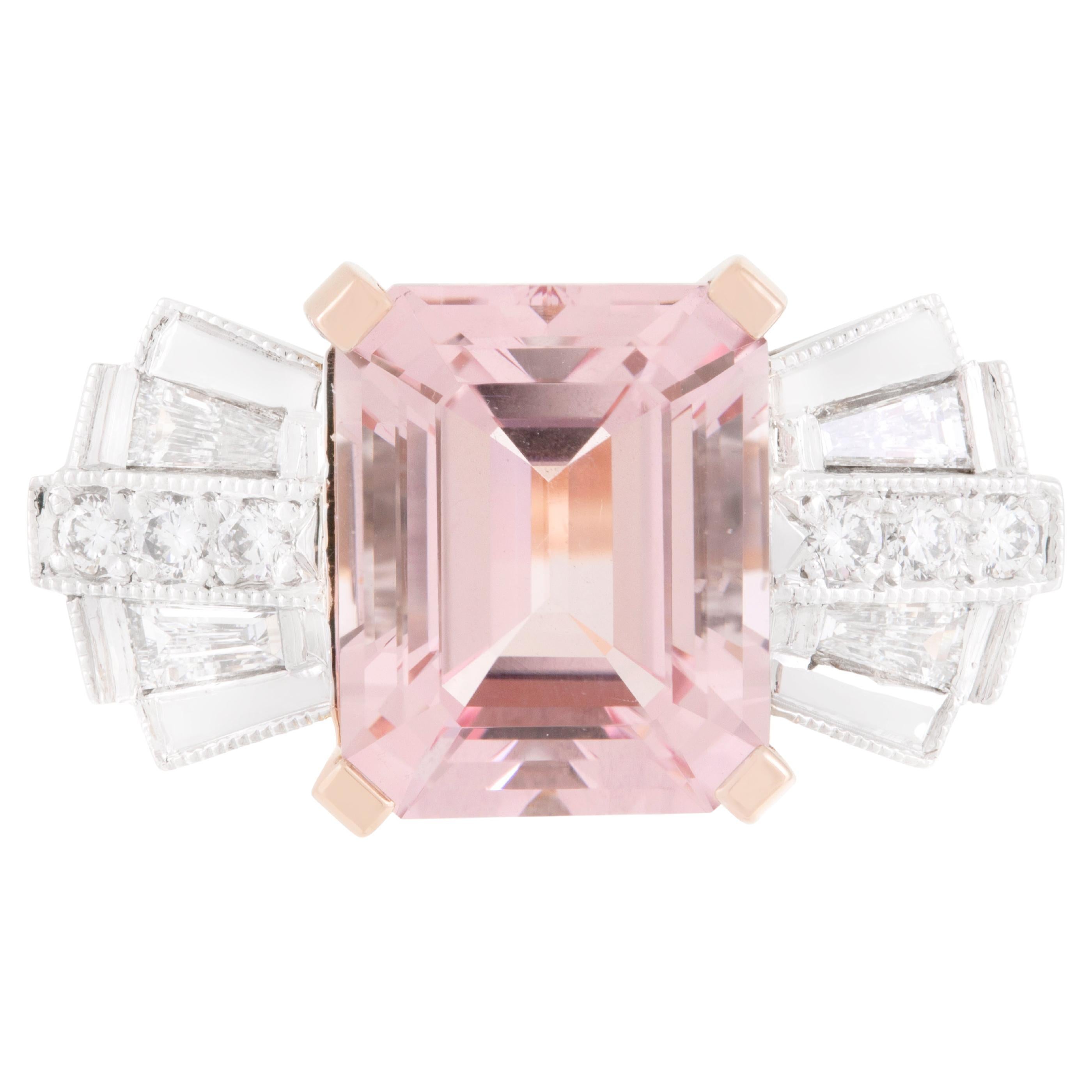 18ct Rose/White Gold 5.05ct Morganite and .38ct Diamond Art Deco Bow Ring For Sale