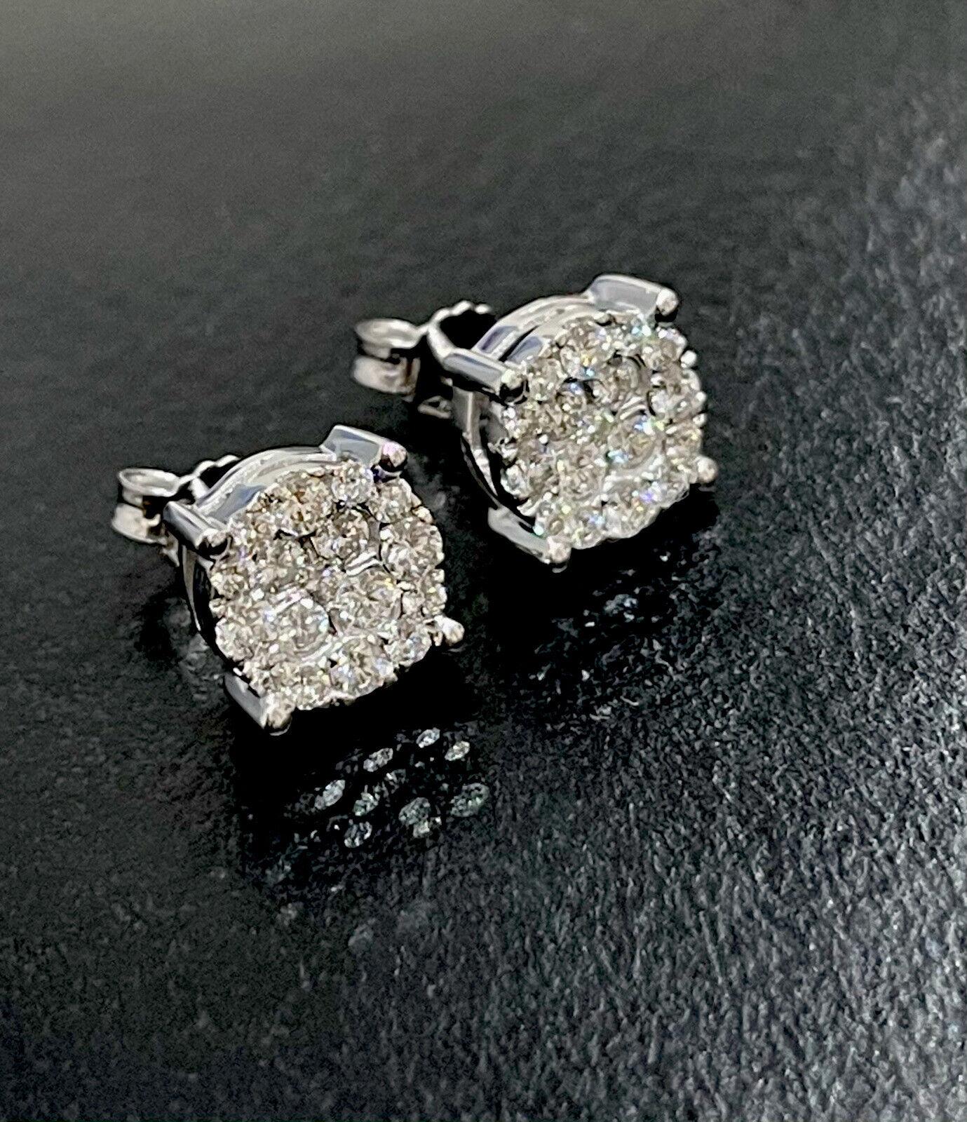 Women's 18ct Solid White Gold Diamond Earrings 1ct Round Halo Cluster Studs 1 Carat For Sale