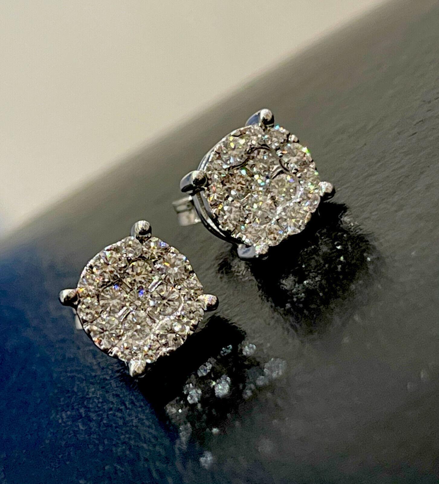 18 Karat massive Weißgold Diamant-Ohrringe 1 Karat runde Halo-Cluster-Ohrstecker 1 Karat im Angebot 1