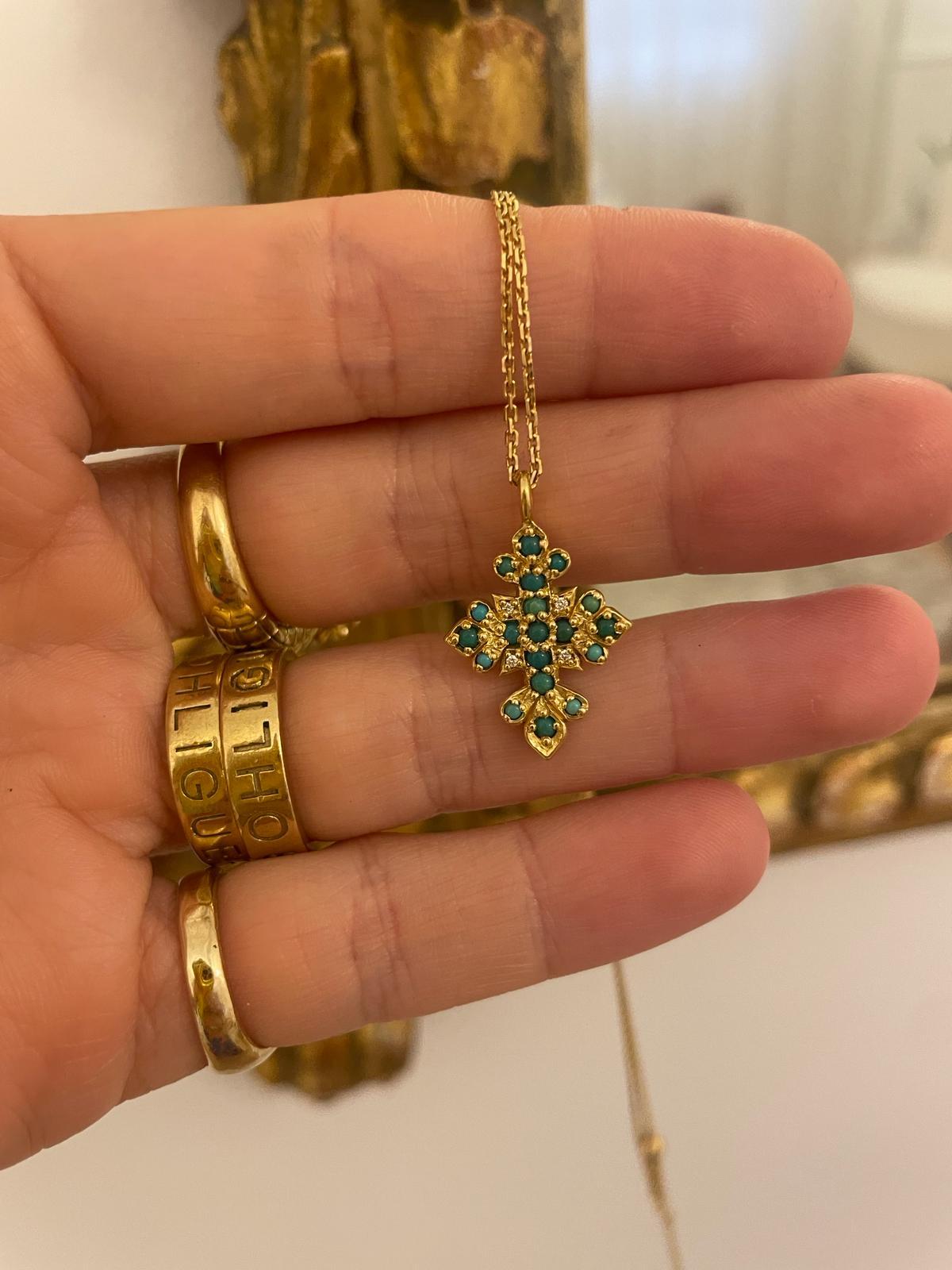 18ct solid yellow gold cross with turquoise and diamond necklace  For Sale 6