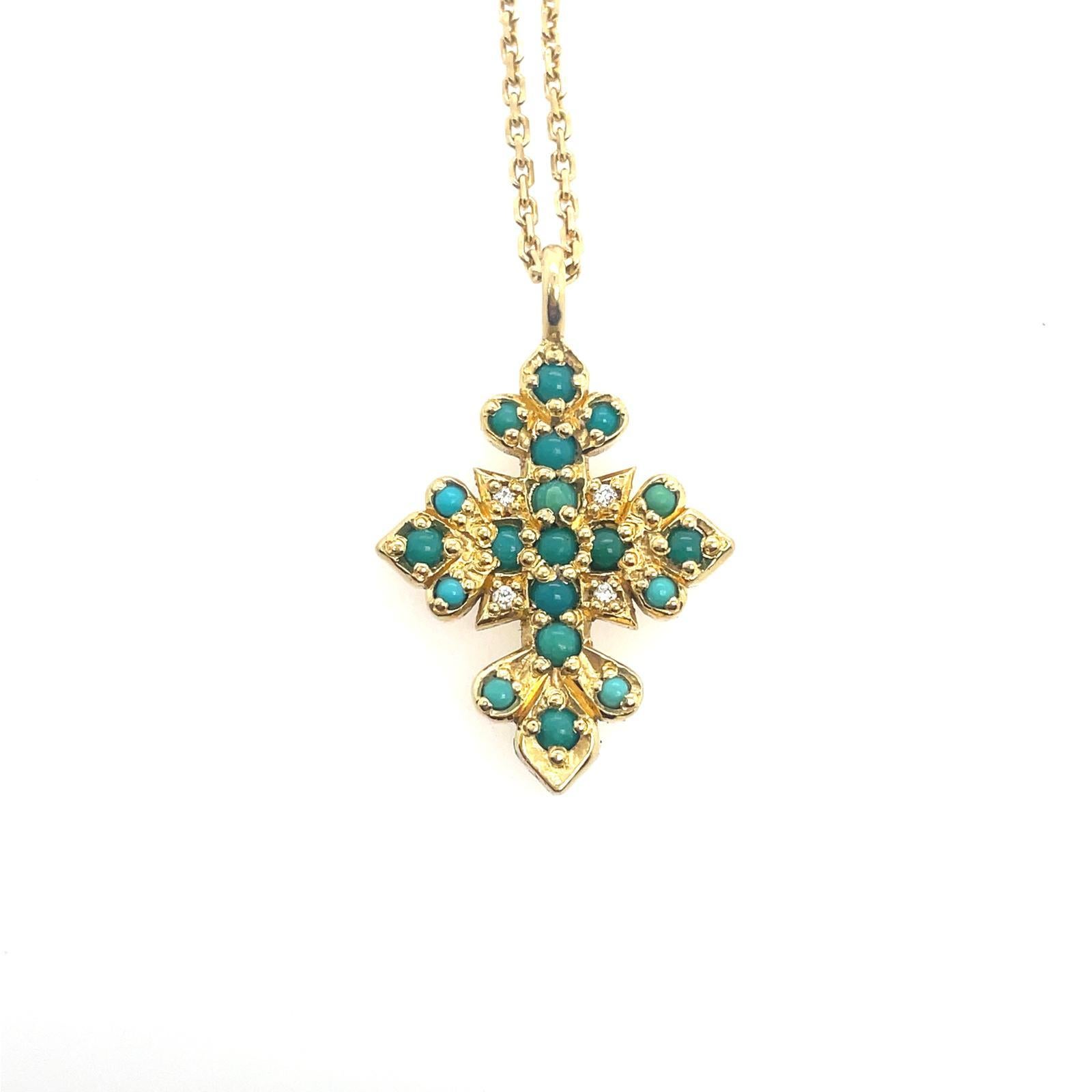 18ct solid yellow gold cross with turquoise and diamond necklace  In New Condition For Sale In Brisbane, AU