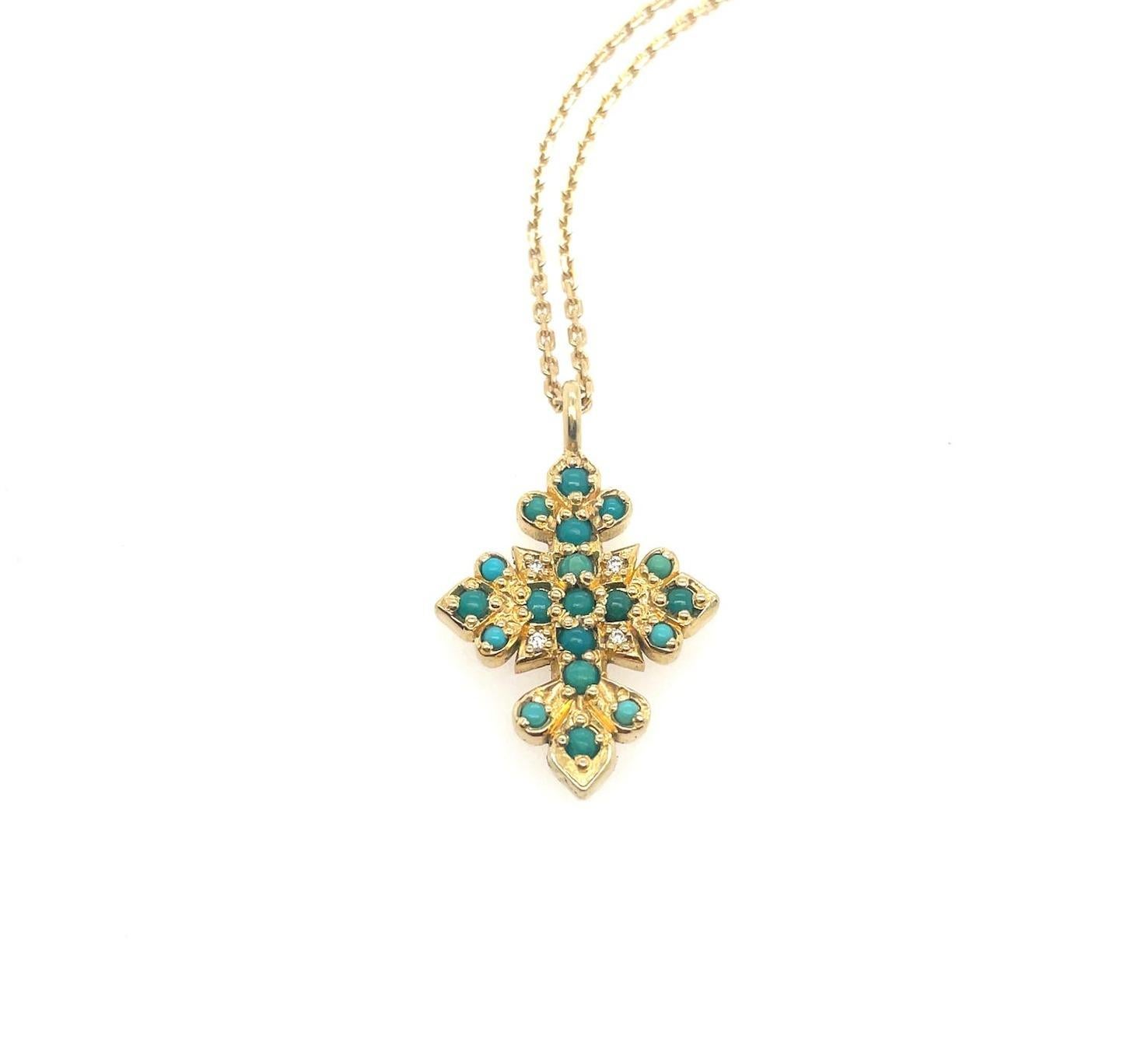 Women's or Men's 18ct solid yellow gold cross with turquoise and diamond necklace  For Sale