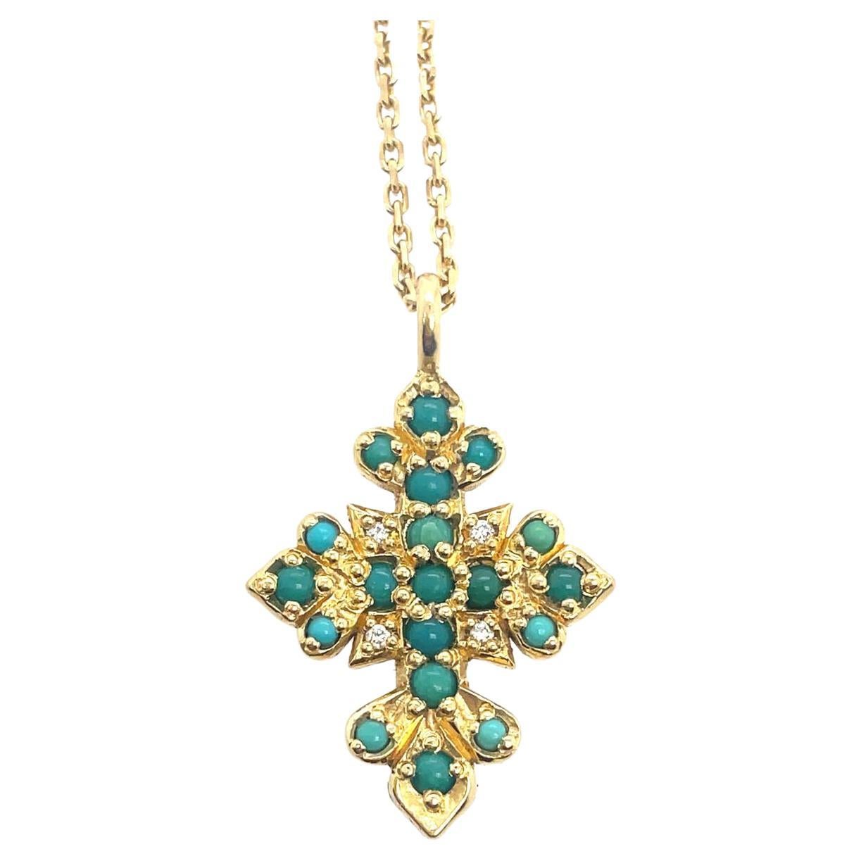 18ct solid yellow gold cross with turquoise and diamond necklace  For Sale