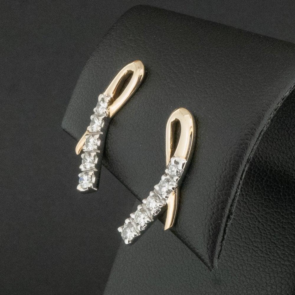 Round Cut 18 Carat Two-Tone Gold Diamond Earrings 3.3g For Sale