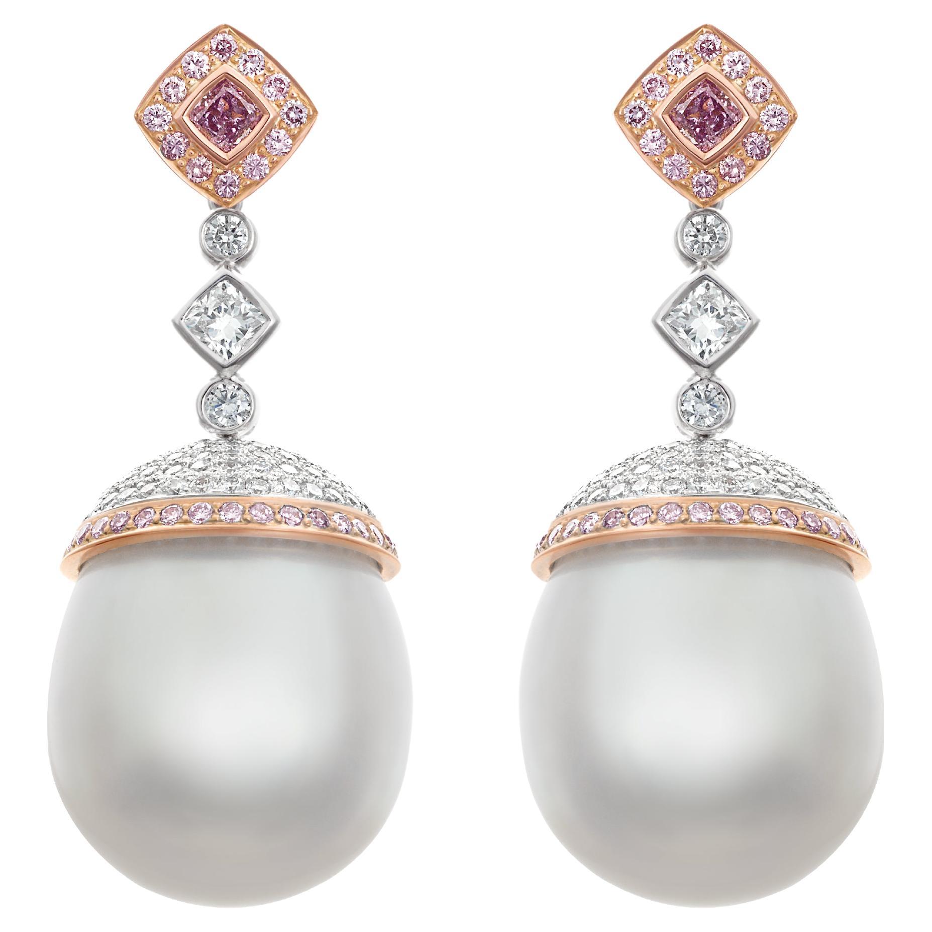 18ct White and Rose Gold Australia South Sea Pearls and Diamond Earrings For Sale