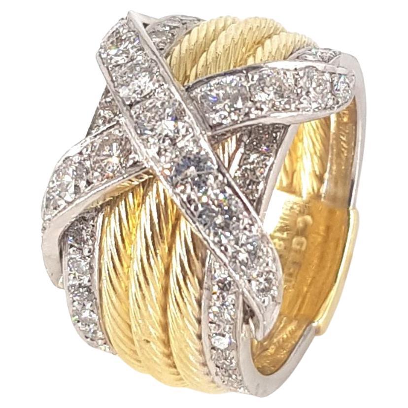 18 Carat White And Yellow Gold Diamond ‘X’ Ring For Sale