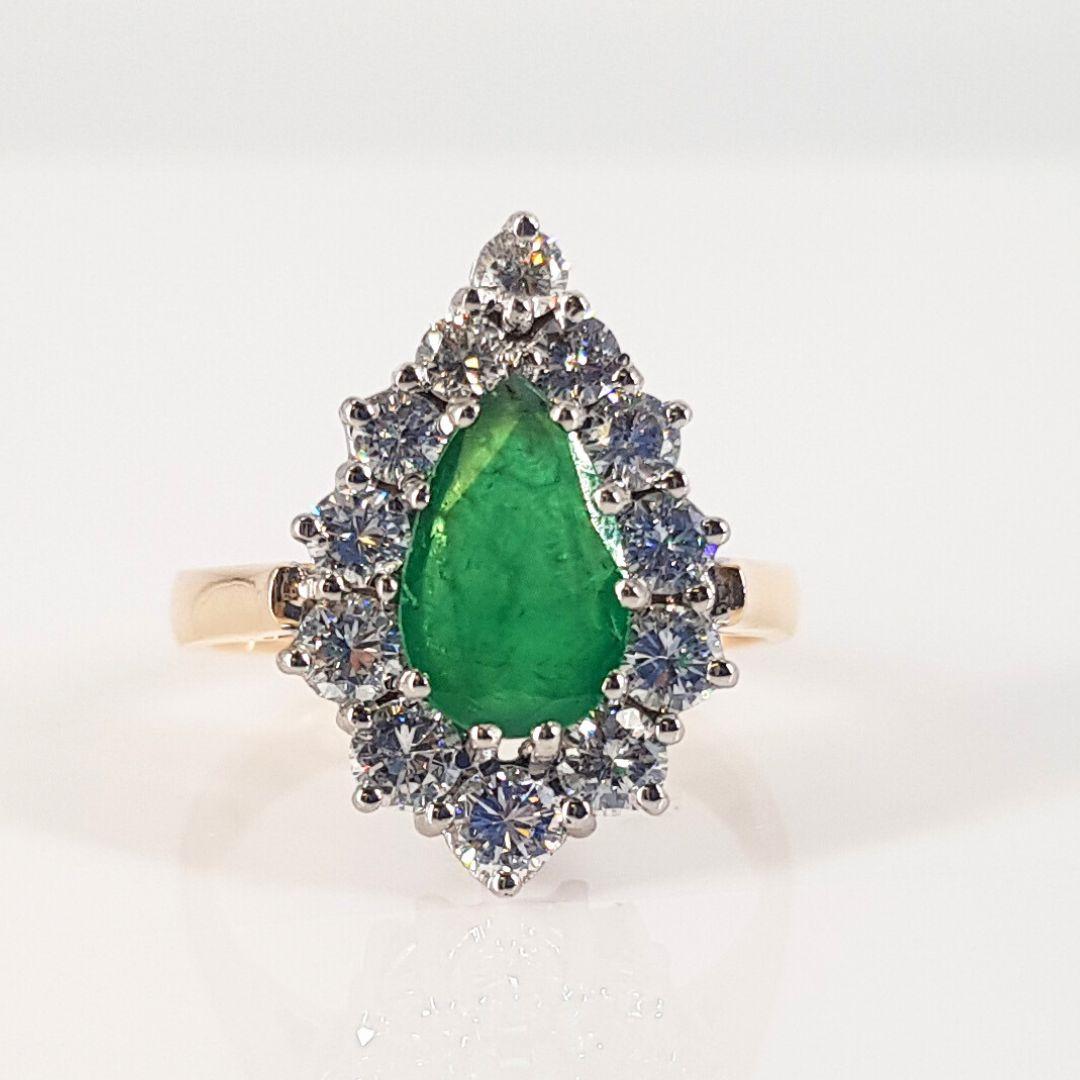 Pear Cut 18ct WHITE AND YELLOW GOLD EMERALD RING  For Sale
