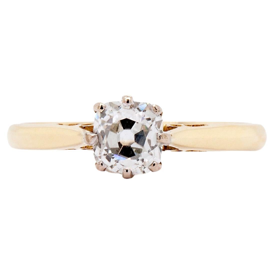 18ct White and Yellow Gold Old Mine Cut Diamond Engagement ring For Sale
