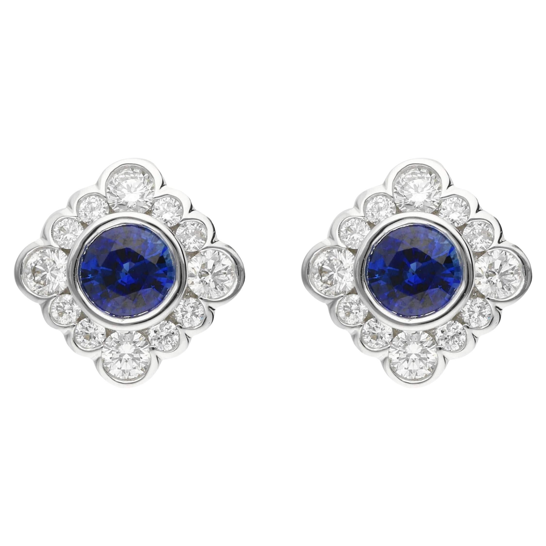 18ct White Gold 0.60ct Sapphire & 0.40ct Diamond Cluster Stud Earrings For Sale