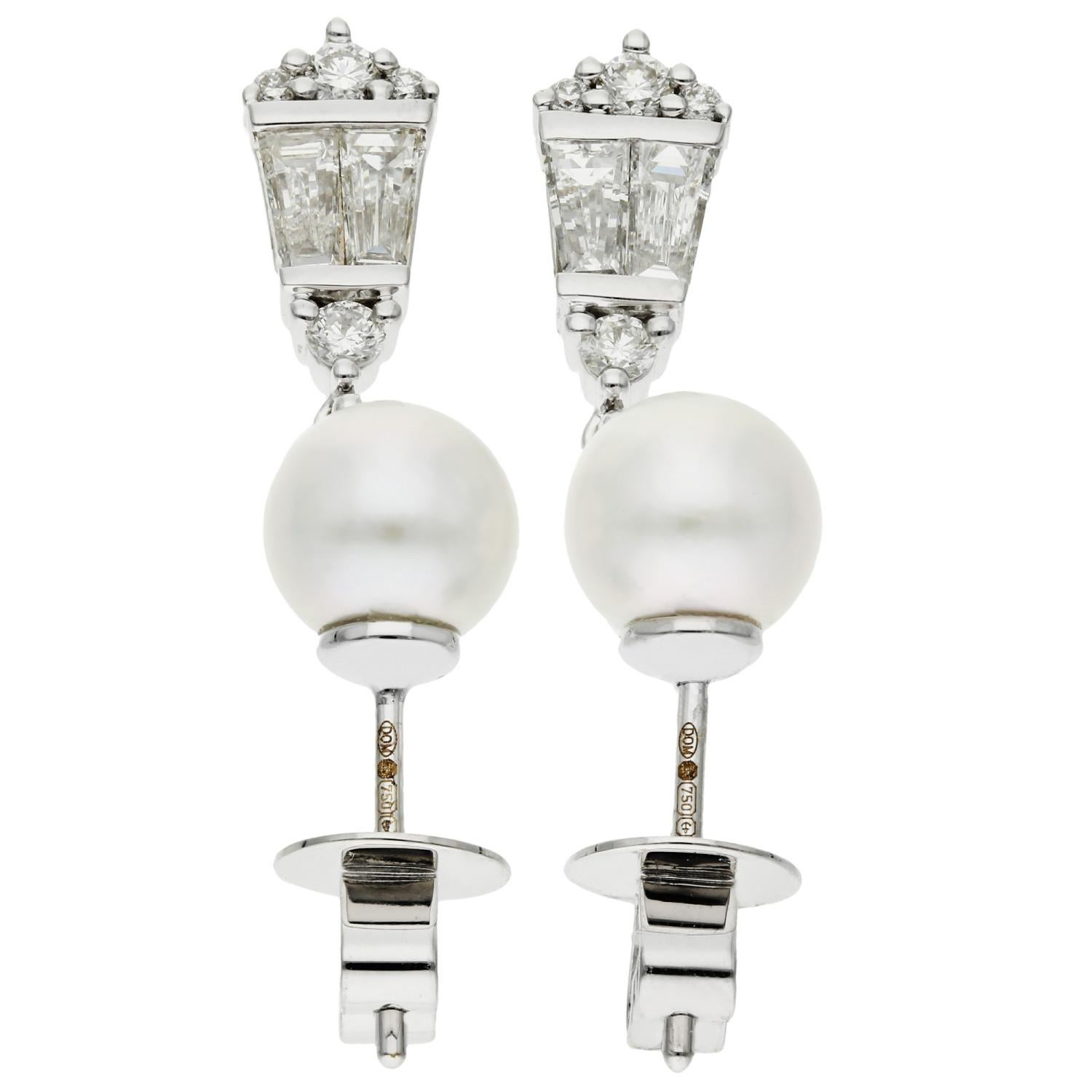 Round Cut 18ct White Gold 0.70ct Diamond & Pearl Earrings For Sale