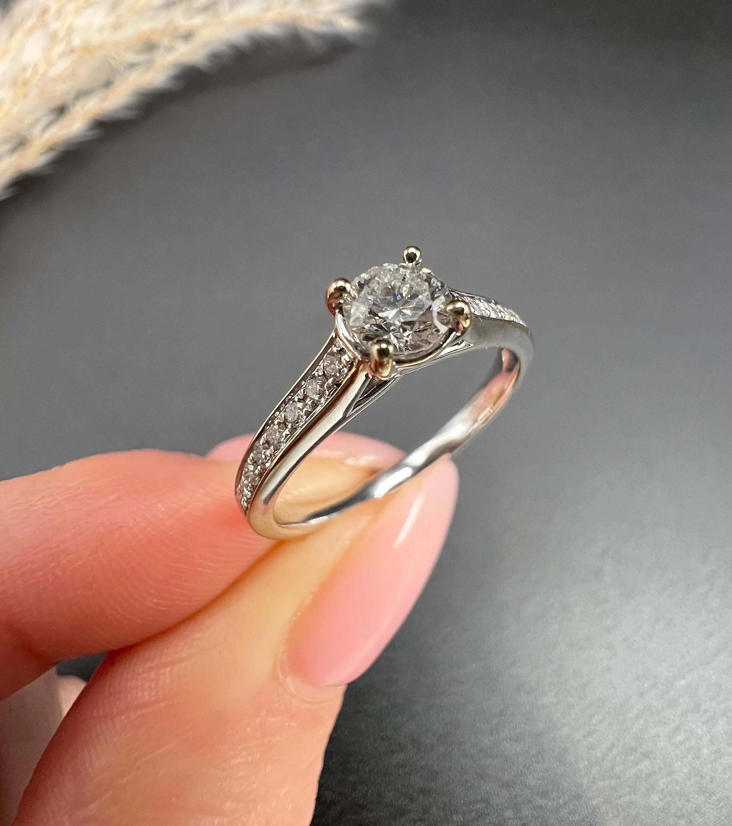Brilliant Cut 18ct White Gold 0.78ct Total Diamond, Engagement Ring with Diamond Shoulders For Sale