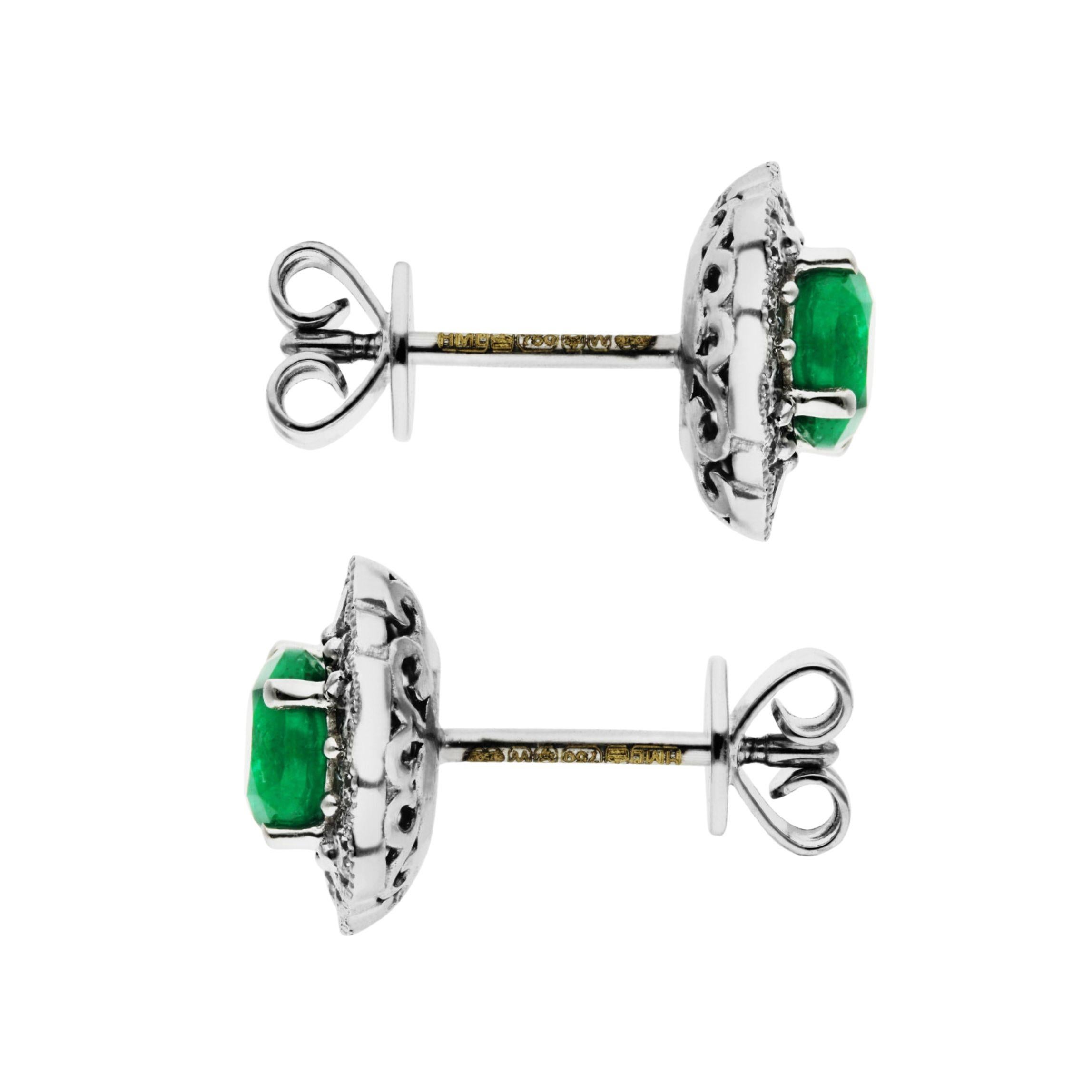 Brilliant Cut 18ct White Gold 0.95ct Emerald & 0.49ct Diamond Flower Stud Earrings For Sale