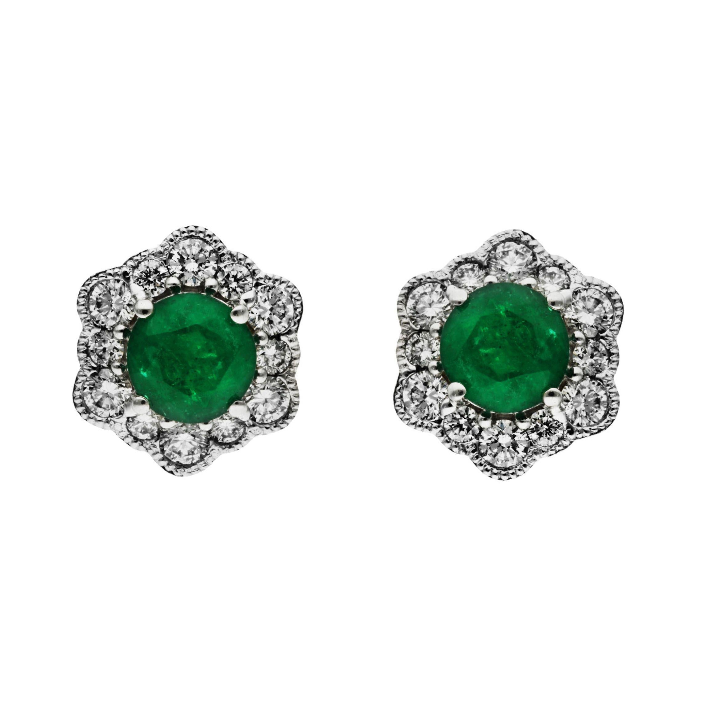 18ct White Gold 0.95ct Emerald & 0.49ct Diamond Flower Stud Earrings For Sale