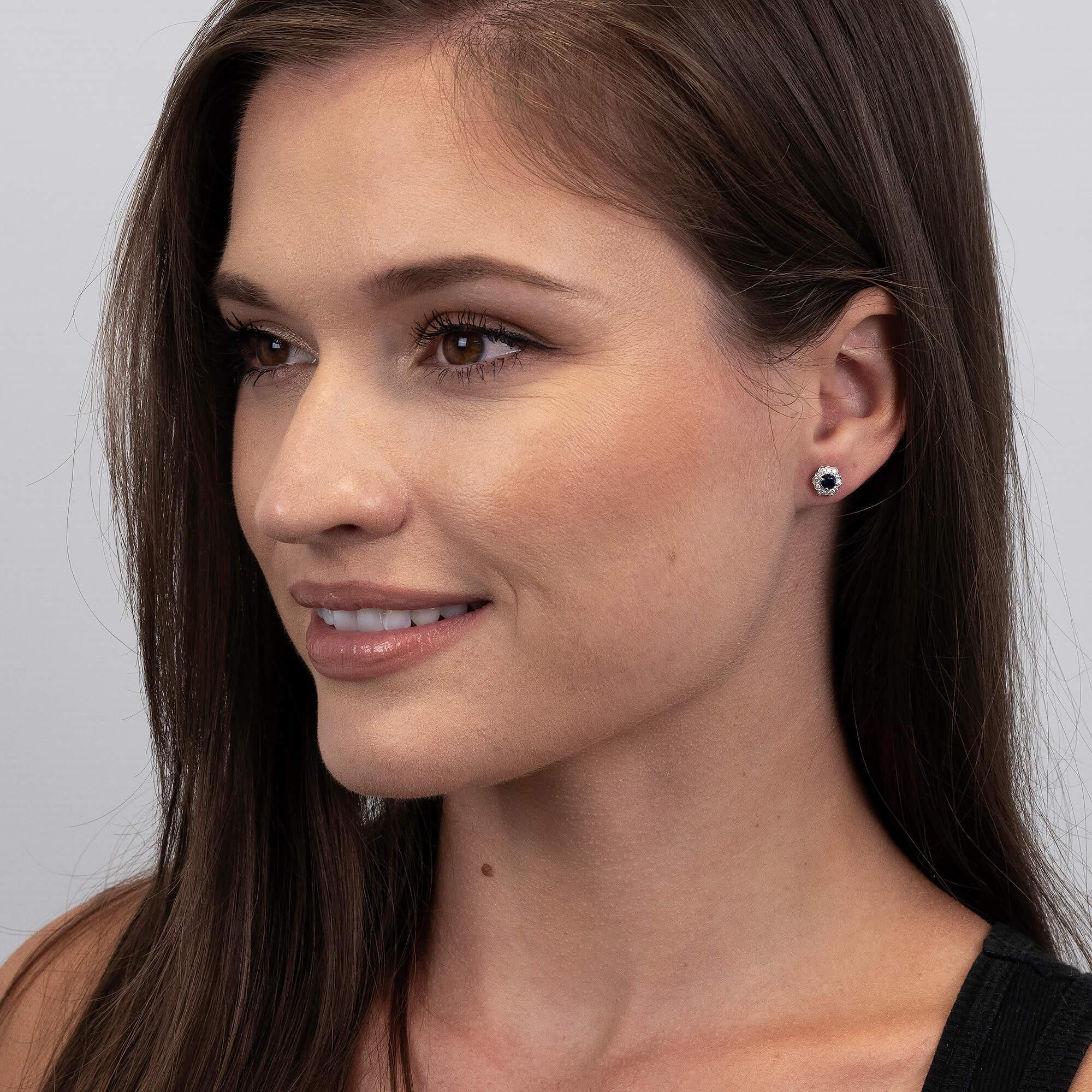 Brilliant Cut 18ct White Gold 0.95ct Sapphire & 0.49ct Diamond Cluster Earrings For Sale