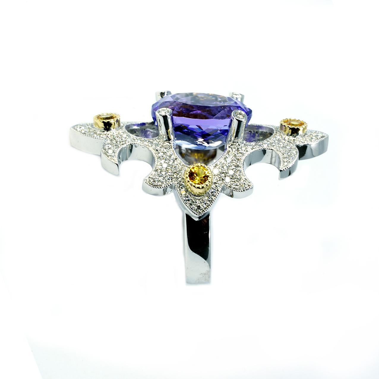 18 Karat White Gold Ring, Tanzanite, Yellow Sapphires, & Diamonds For Sale 4