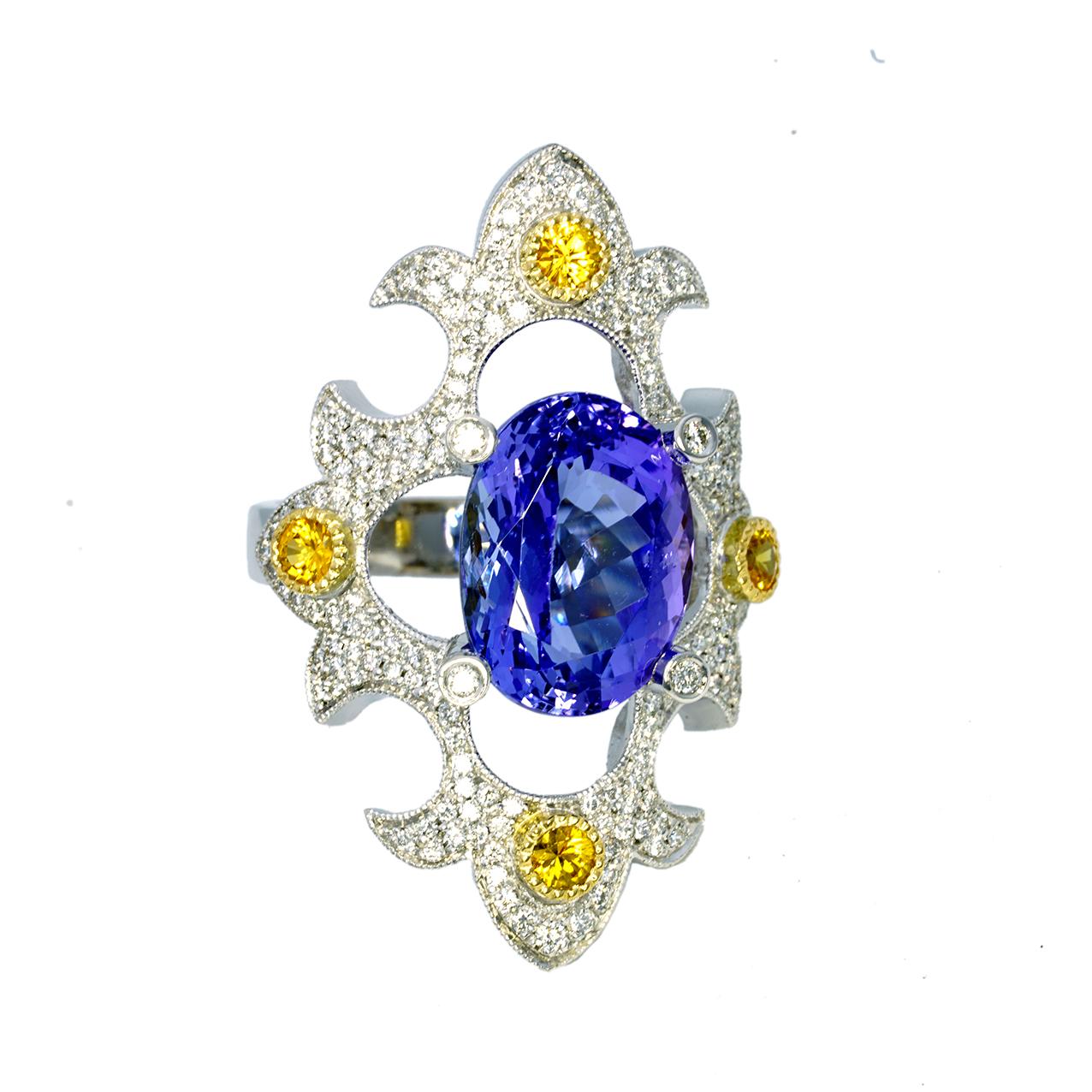 18 Karat White Gold Ring, Tanzanite, Yellow Sapphires, & Diamonds For Sale 5