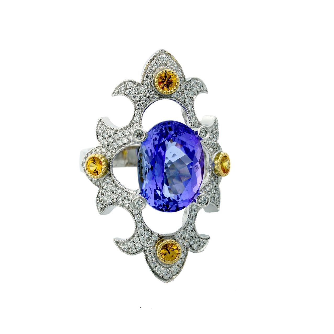 Oval Cut 18 Karat White Gold Ring, Tanzanite, Yellow Sapphires, & Diamonds For Sale