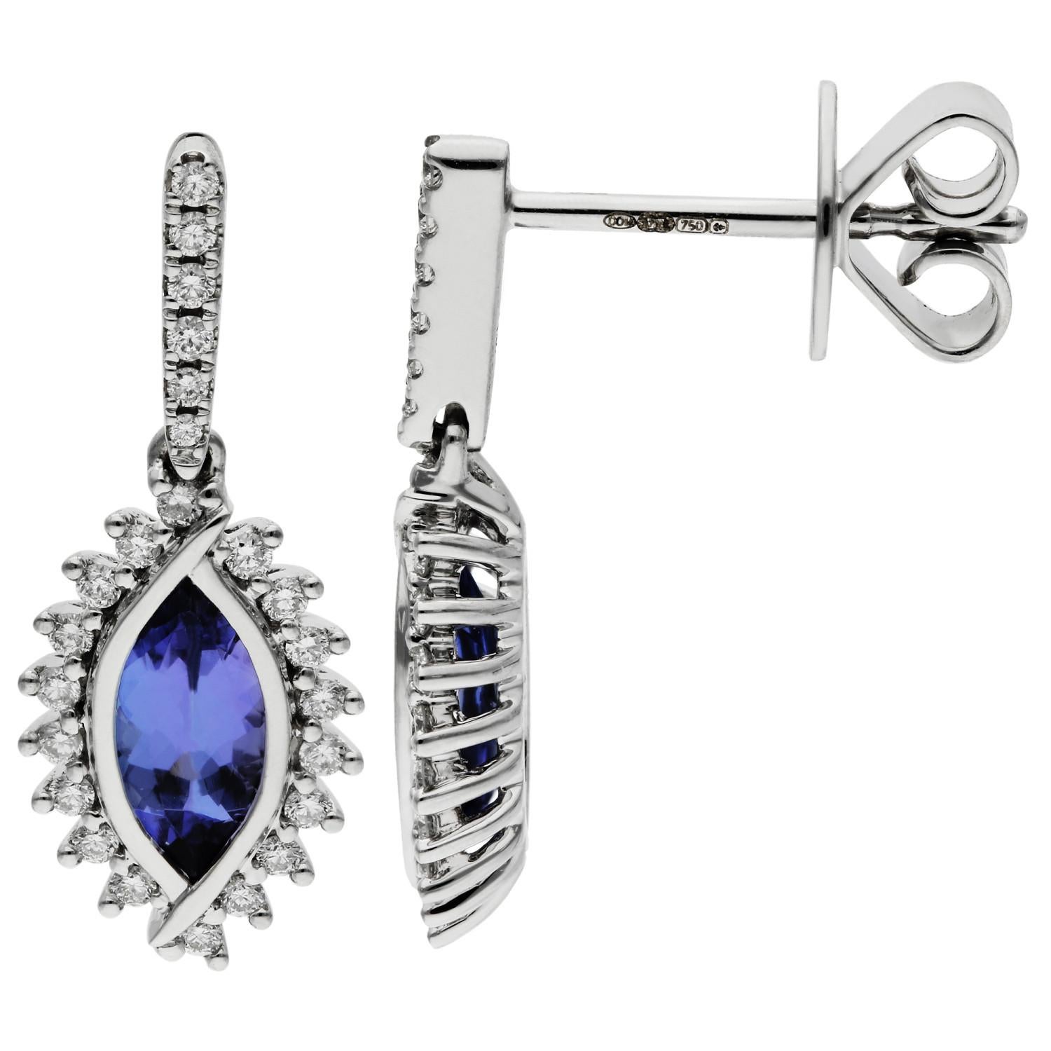 18ct White Gold 1.06ct Tanzanite & 0.23ct Diamond Drop Earrings

Introducing our exquisite 18ct White Gold Tanzanite & Diamond Drop Earrings, a masterpiece of elegance and contemporary design. Each earring features a marquise-cut tanzanite, renowned