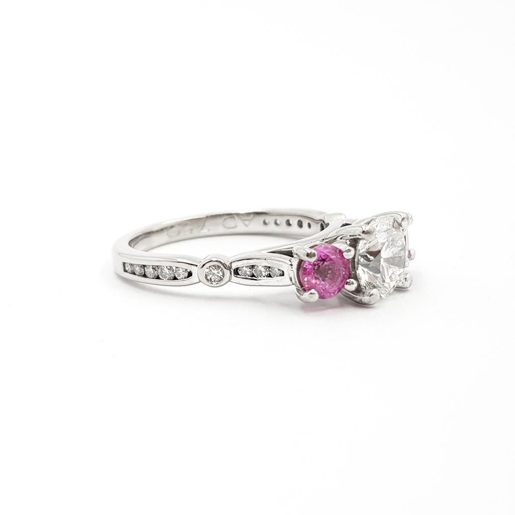 Round Cut 18ct White Gold 1.0ct Diamond & Pink Sapphire Ring GIA Certified For Sale