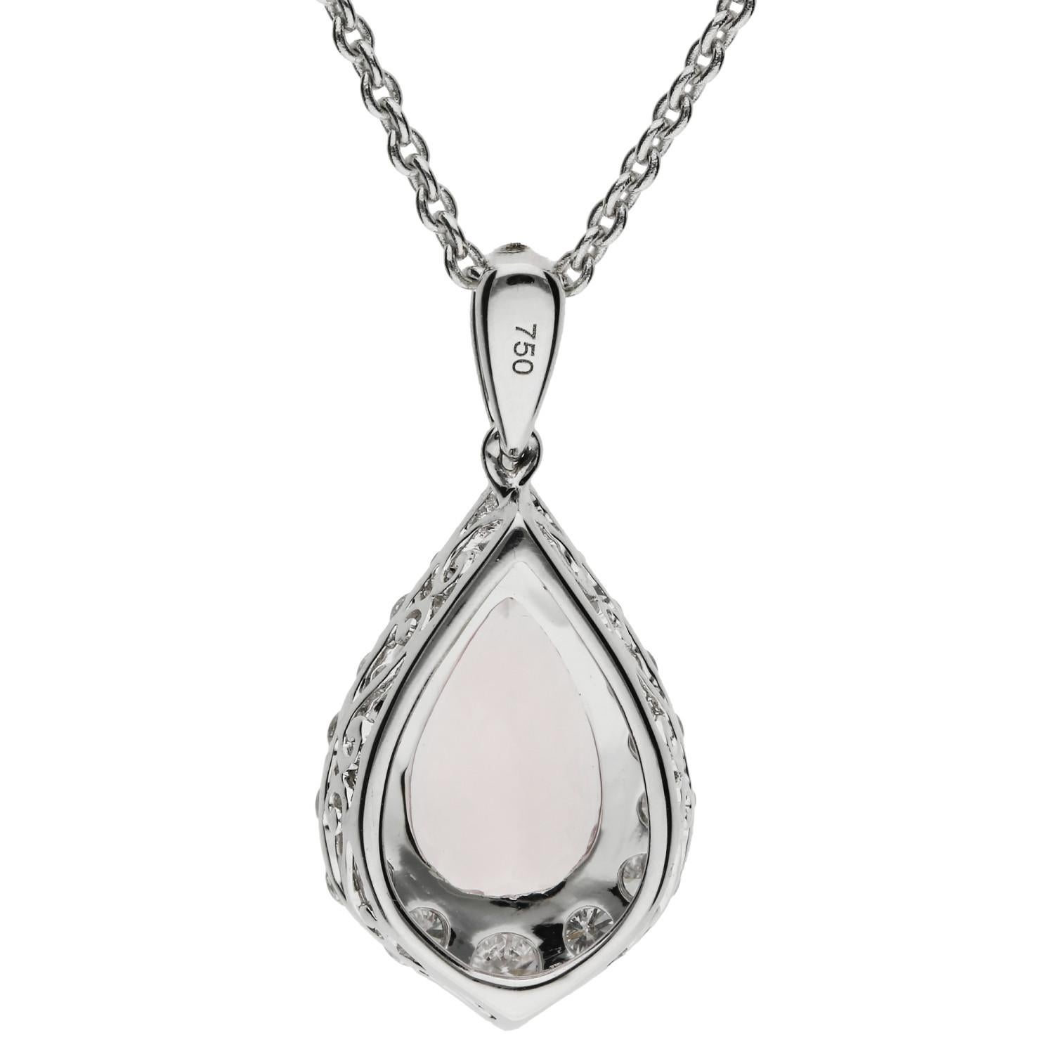 
18ct White Gold 1.26ct Morganite & 0.30ct Diamond Pendant

This exquisite pear-shaped pendant exudes romance and luxury, crafted in 18ct white gold. At the heart of the design lies a captivating peach-toned morganite, measuring 9.0 x 6.0 mm and