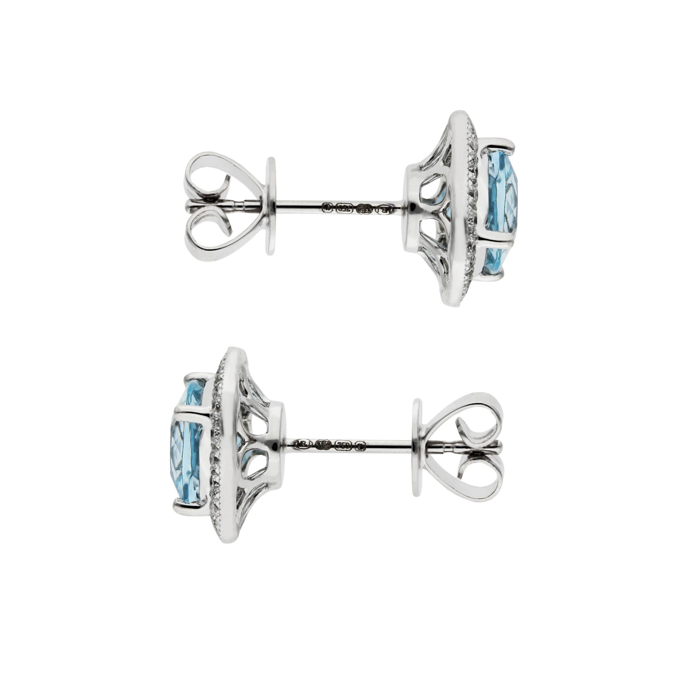 Modern 18ct White Gold 1.80ct Aquamarine & 0.27ct Diamond Halo Stud Earrings For Sale