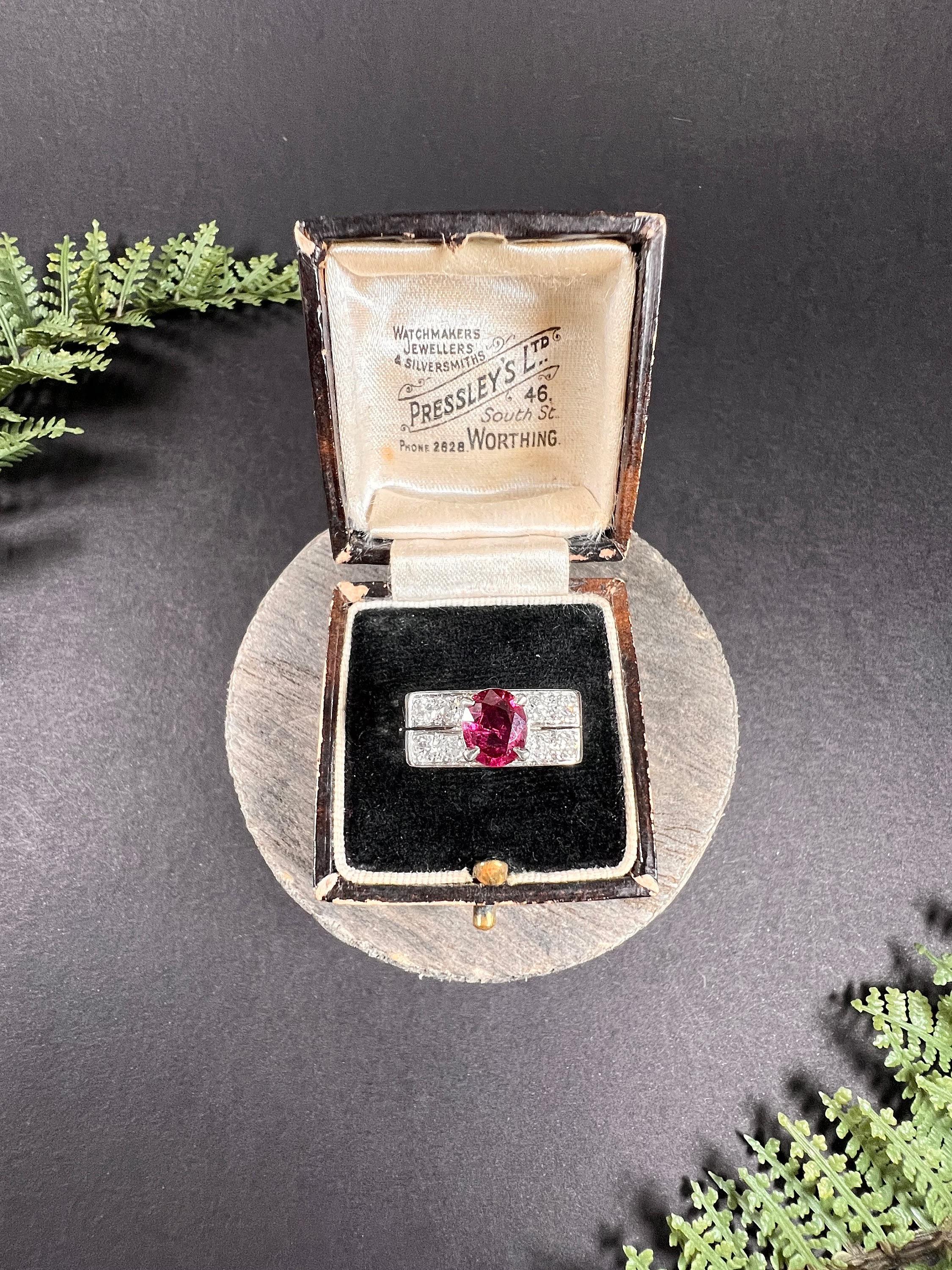 18ct White Gold, 1930s French Stamped, Two Row Diamond & Ruby Tank Cocktail Ring For Sale 5