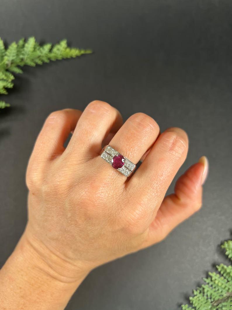 18ct White Gold, 1930s French Stamped, Two Row Diamond & Ruby Tank Cocktail Ring For Sale 6