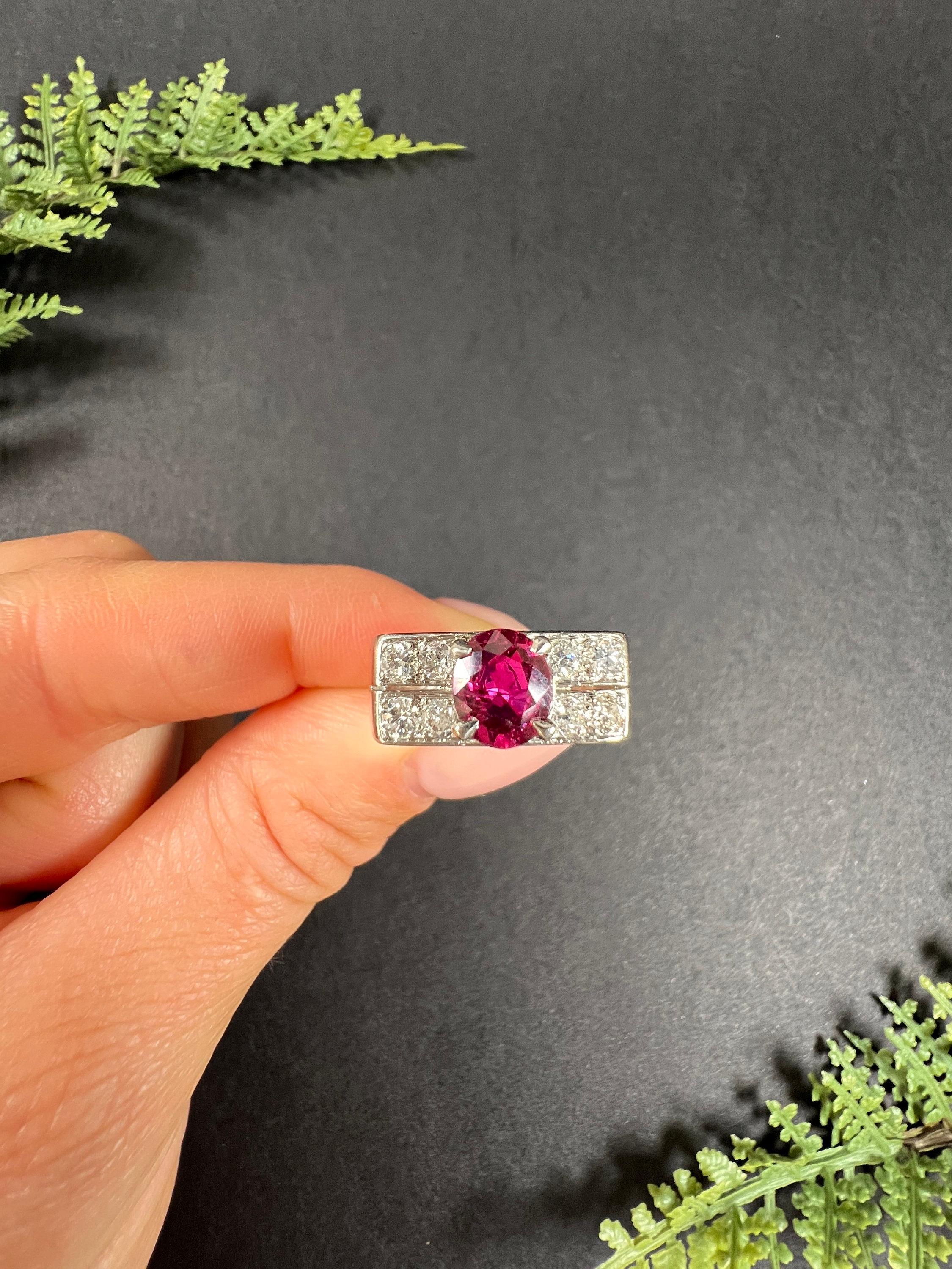 Oval Cut 18ct White Gold, 1930s French Stamped, Two Row Diamond & Ruby Tank Cocktail Ring For Sale