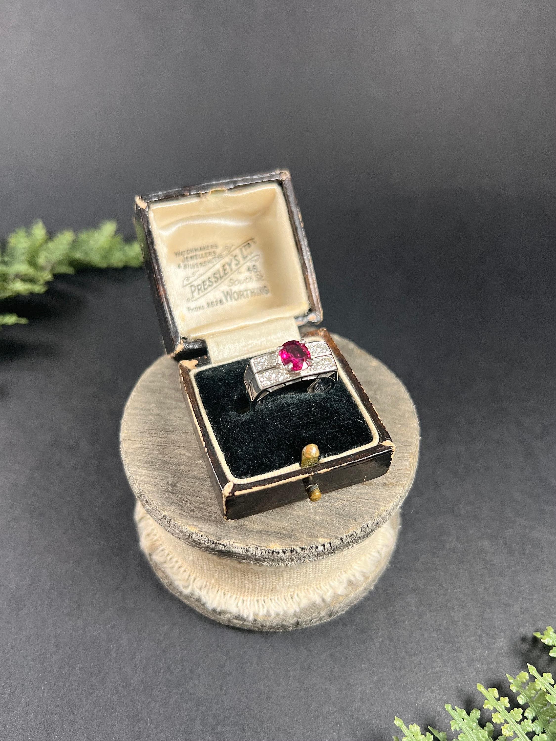 18ct White Gold, 1930s French Stamped, Two Row Diamond & Ruby Tank Cocktail Ring For Sale 1