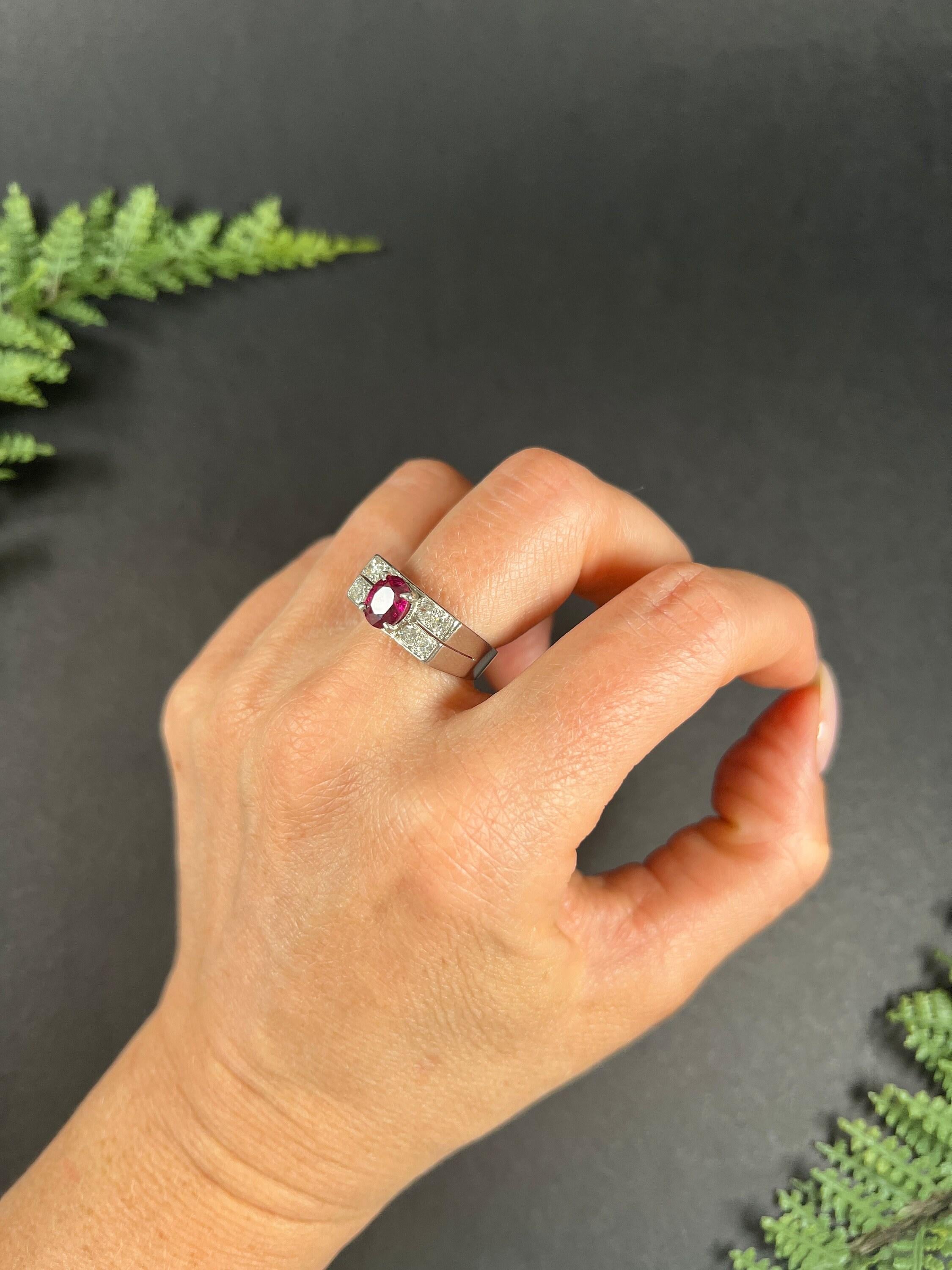 18ct White Gold, 1930s French Stamped, Two Row Diamond & Ruby Tank Cocktail Ring For Sale 2