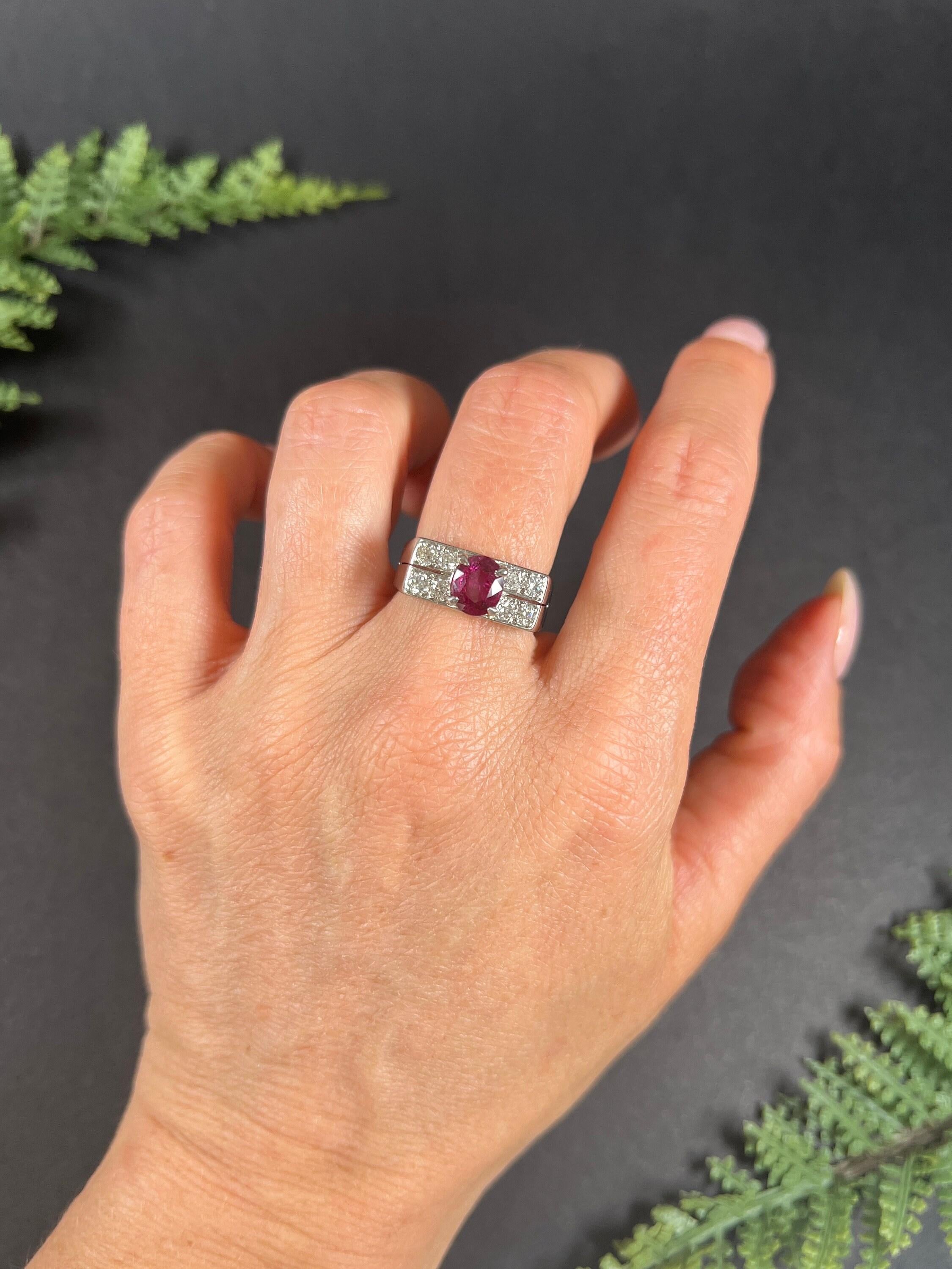 18ct White Gold, 1930s French Stamped, Two Row Diamond & Ruby Tank Cocktail Ring For Sale 4
