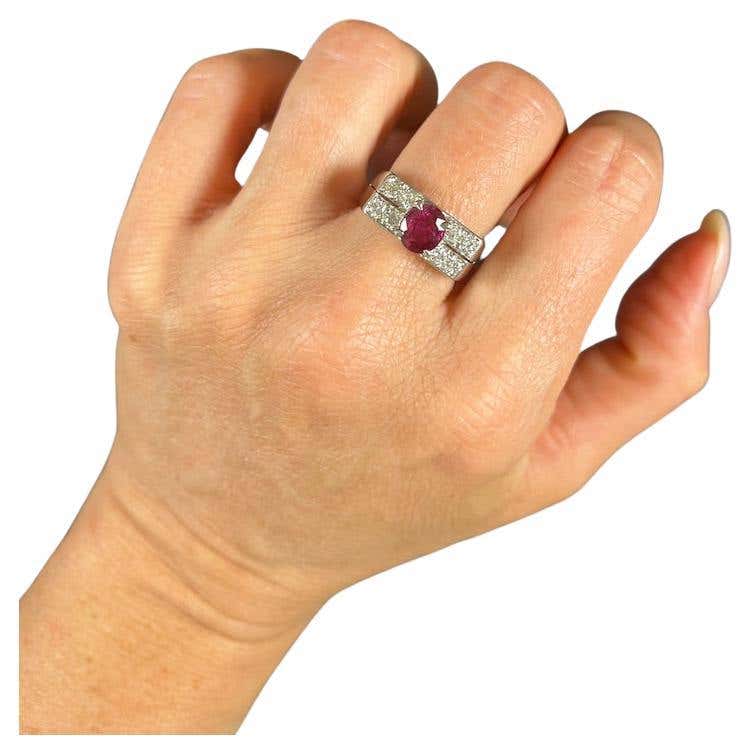 18ct White Gold, 1930s French Stamped, Two Row Diamond and Ruby Tank ...