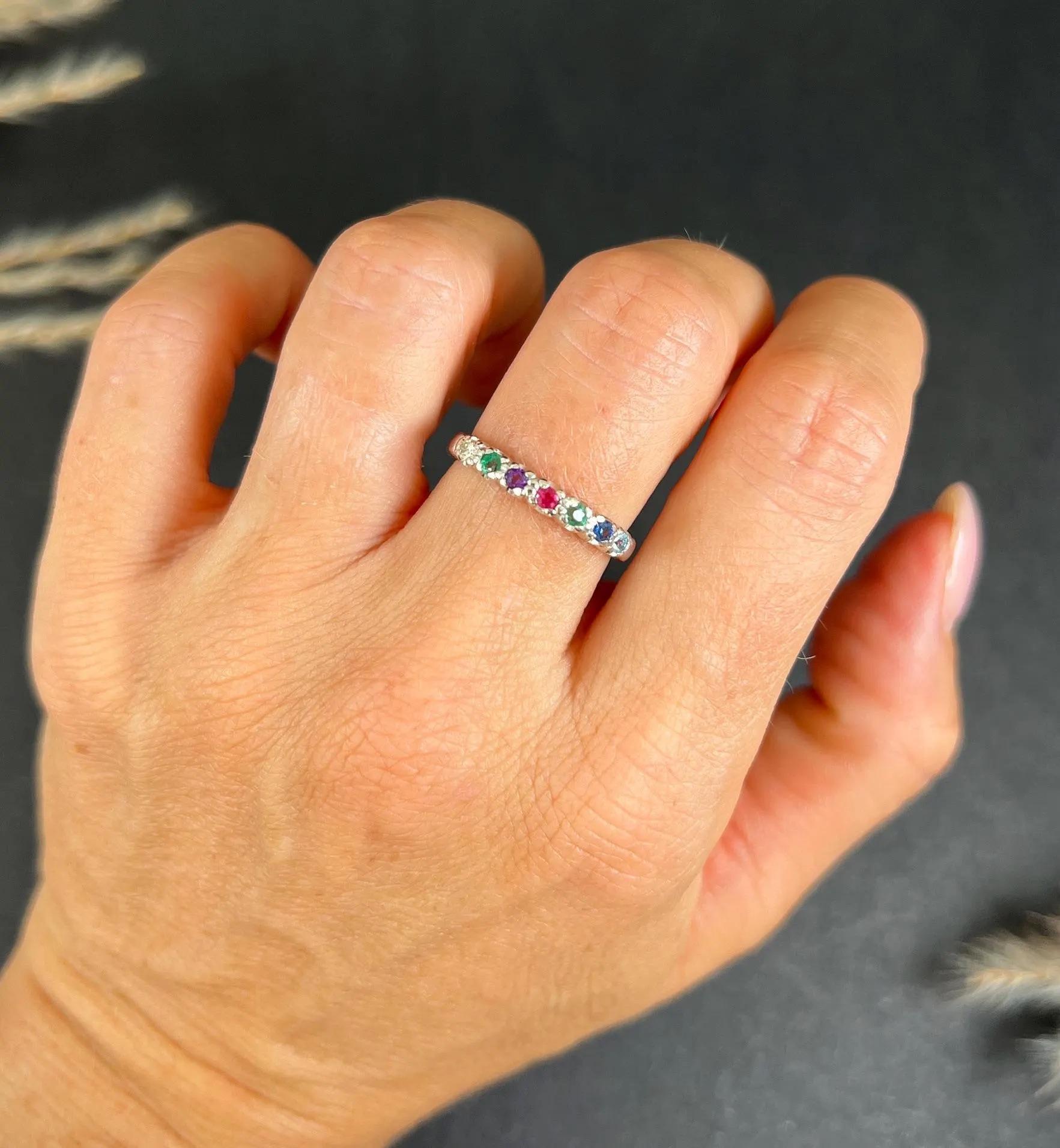 18ct White Gold 1980s DEAREST Diamond Emerald Amethyst Ruby Sapphire Topaz Ring 5