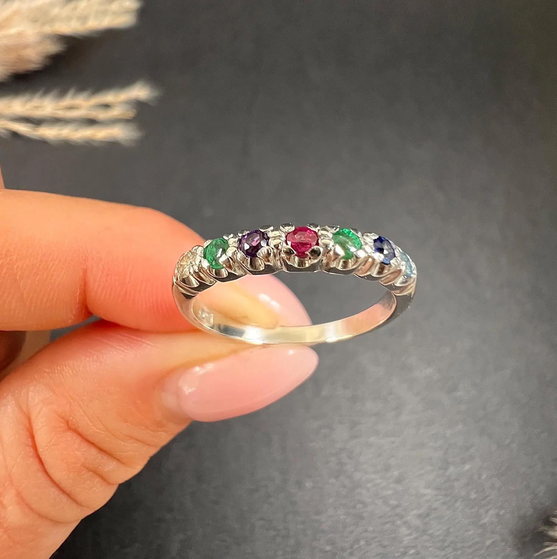 18ct White Gold 1980s DEAREST Diamond Emerald Amethyst Ruby Sapphire Topaz Ring 6