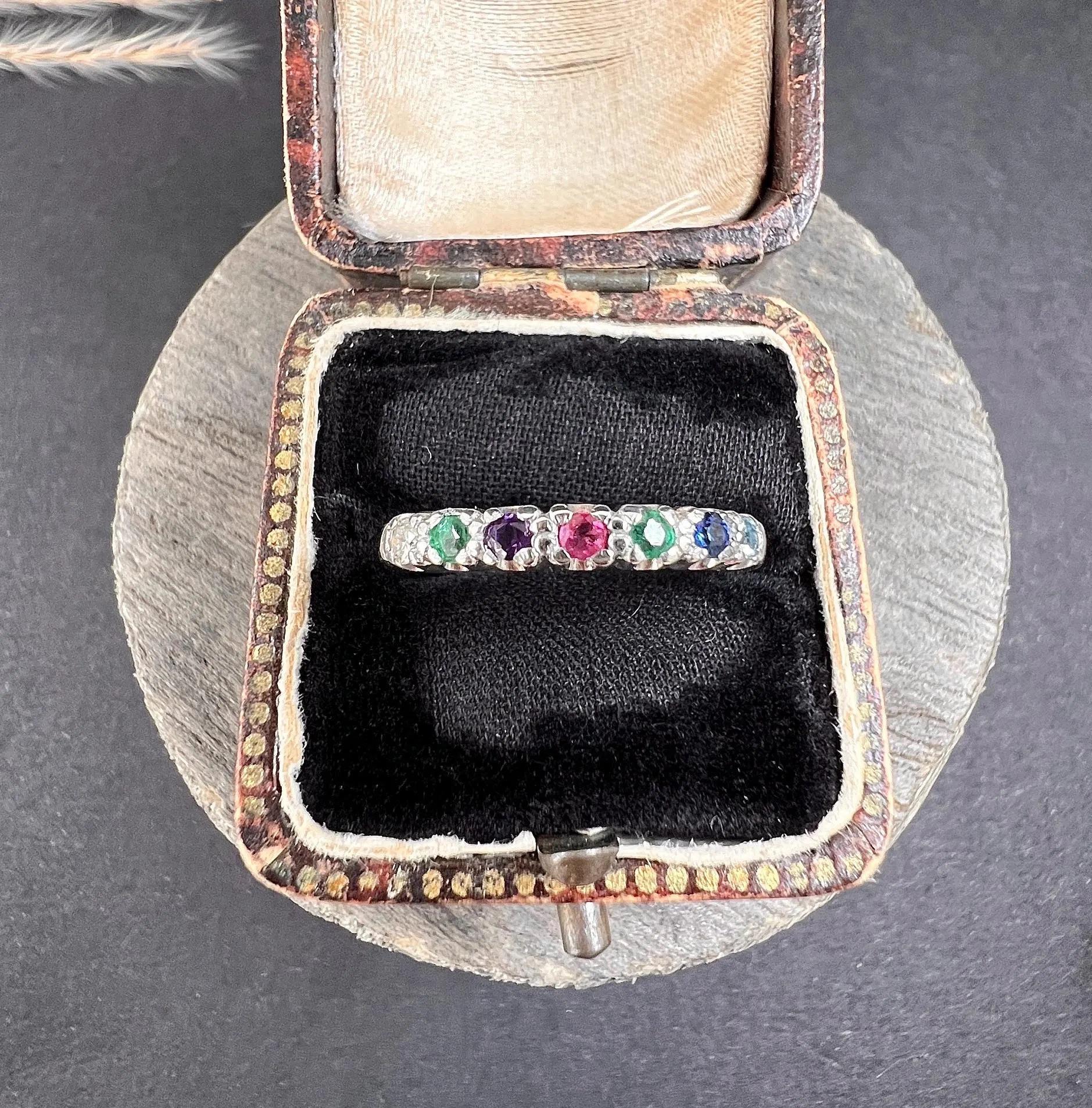 Round Cut 18ct White Gold 1980s DEAREST Diamond Emerald Amethyst Ruby Sapphire Topaz Ring
