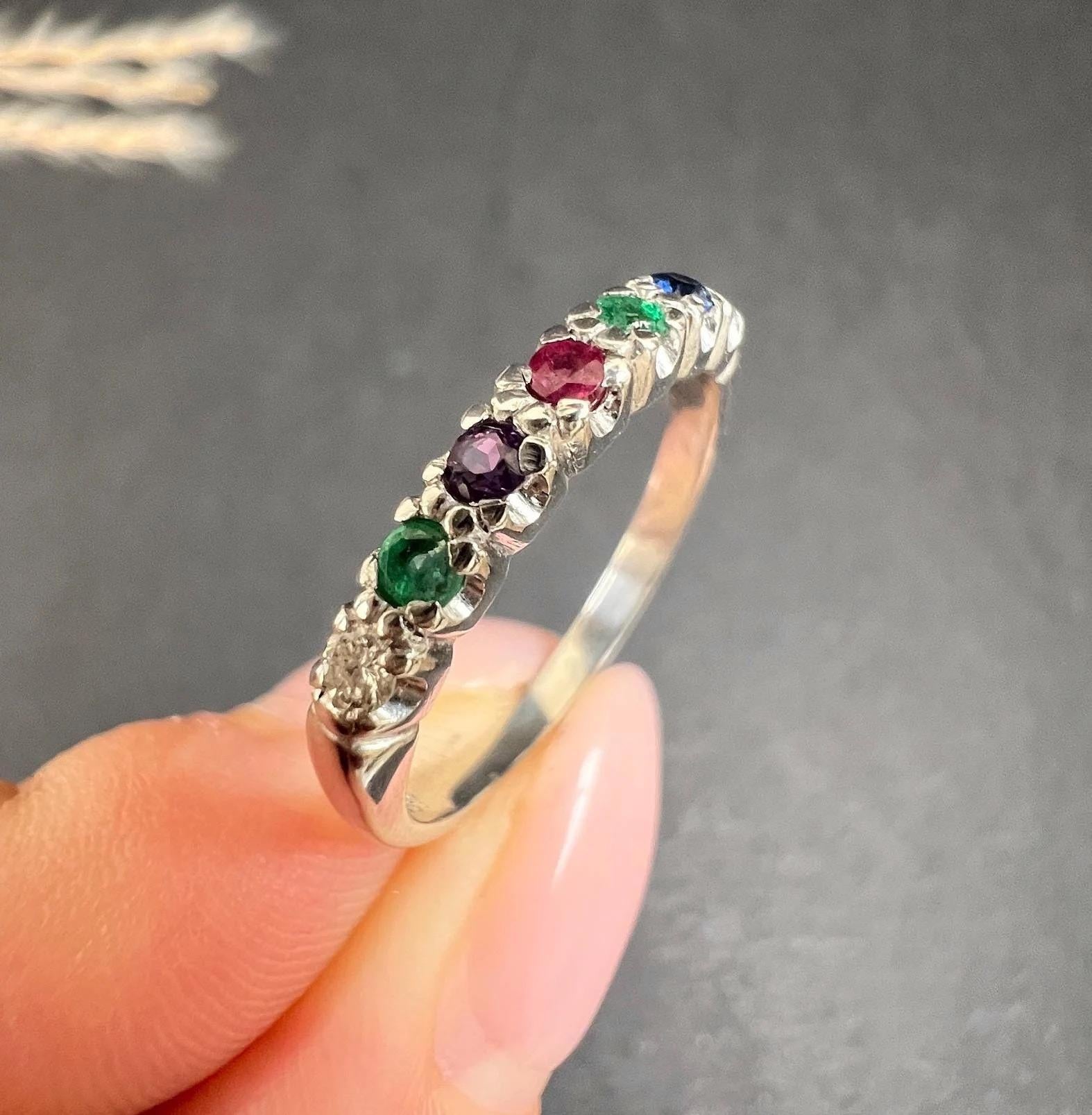18ct White Gold 1980s DEAREST Diamond Emerald Amethyst Ruby Sapphire Topaz Ring 2