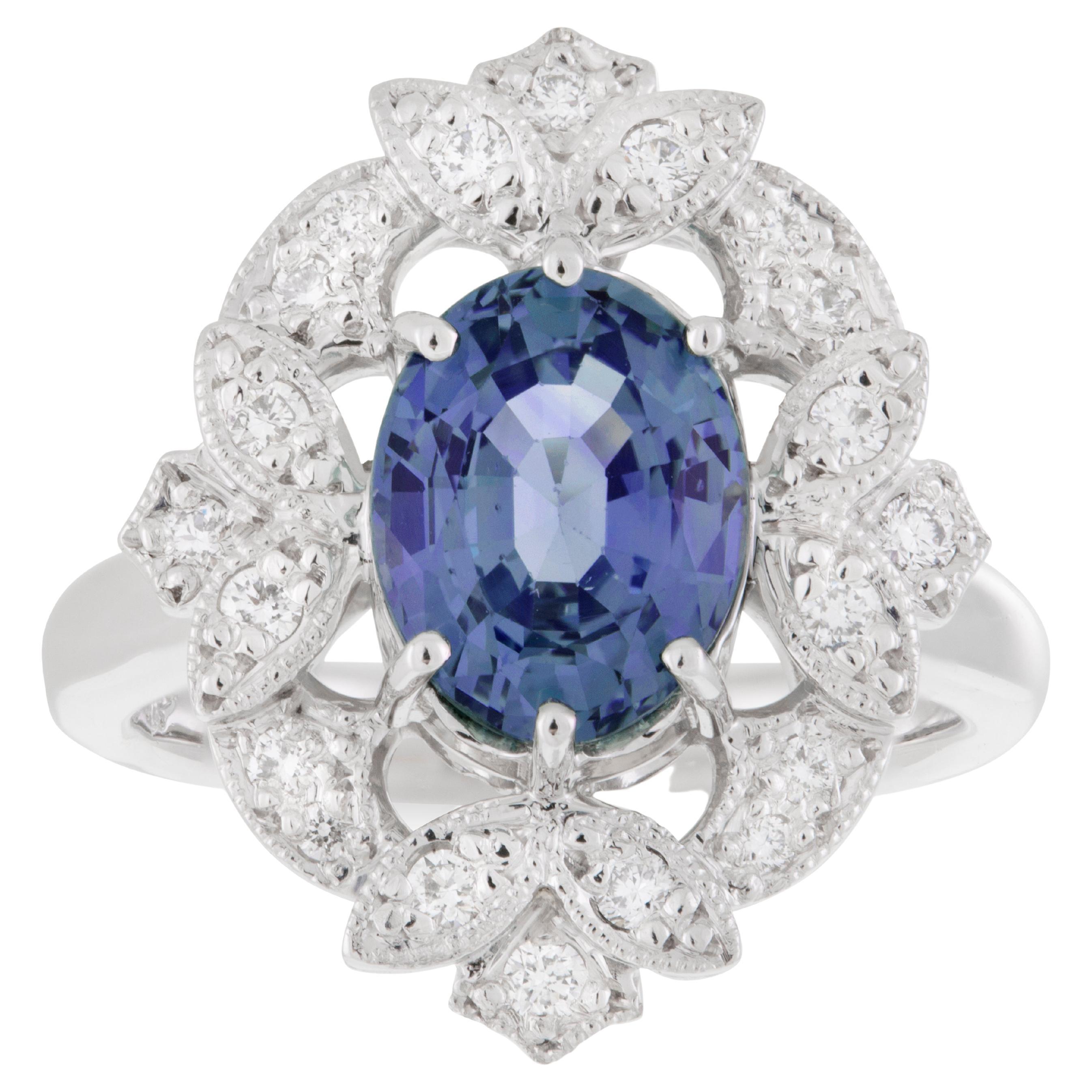 18ct White Gold 2.01ct Oval Ceylon Blue Sapphire & Diamond Halo Engagement Ring For Sale