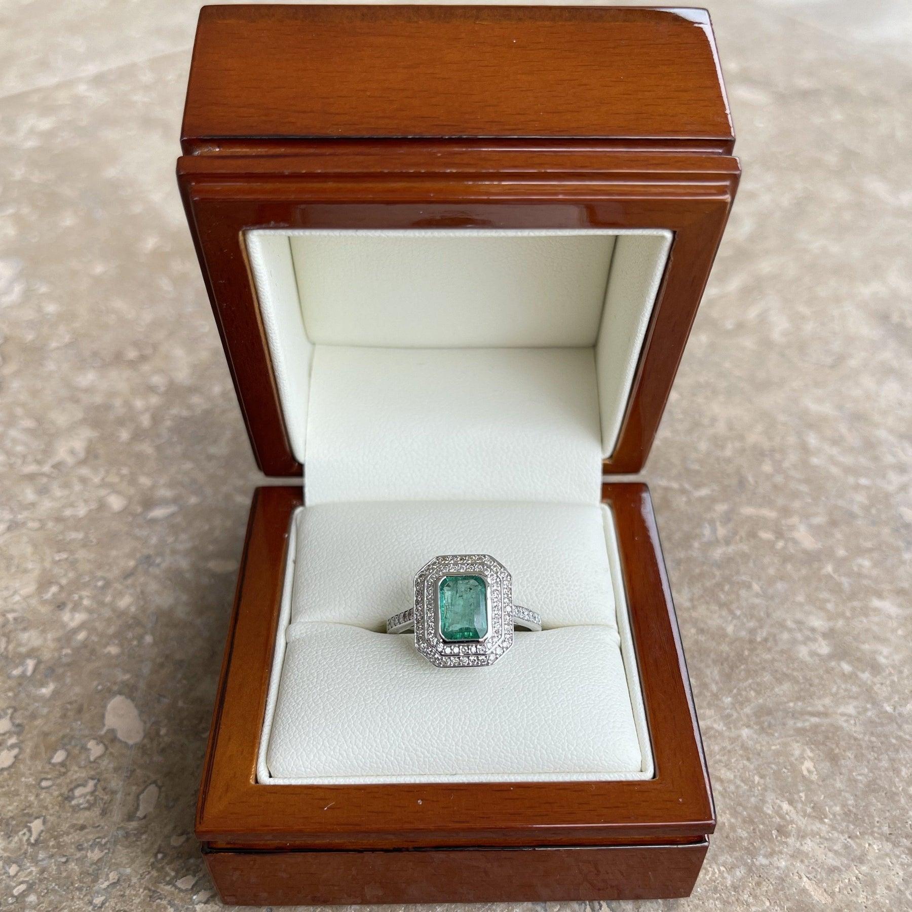 For Sale:  18ct White Gold 2.30ct Emerald and Diamond Ring 7