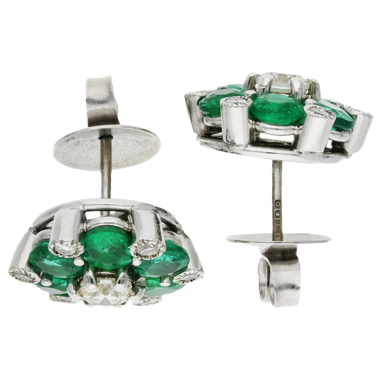 Modern 18ct White Gold 2.40ct Emerald & 0.90ct Diamond Cluster Earrings For Sale